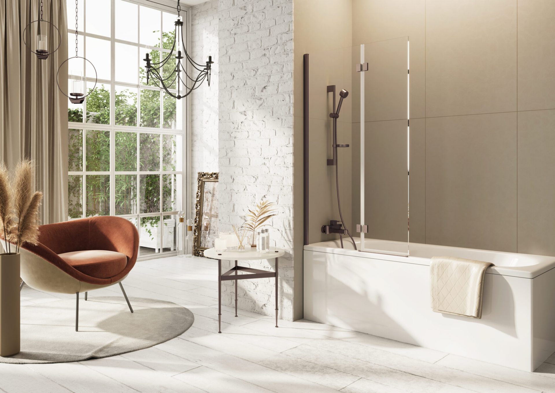 Scudo Dawn Thalia 1500x900mm Inward Opening Bath Screen – Brushed Bronze