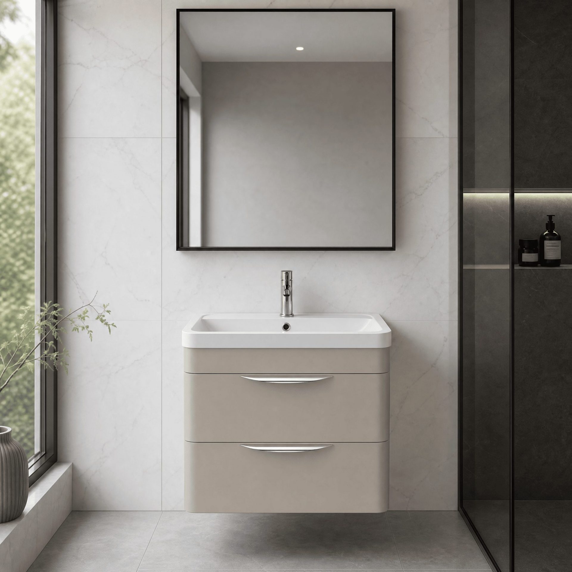 Nuie Parade 600mm 2 Drawer Wall Hung Vanity Unit & Polymarble Basin – Pebble Grey