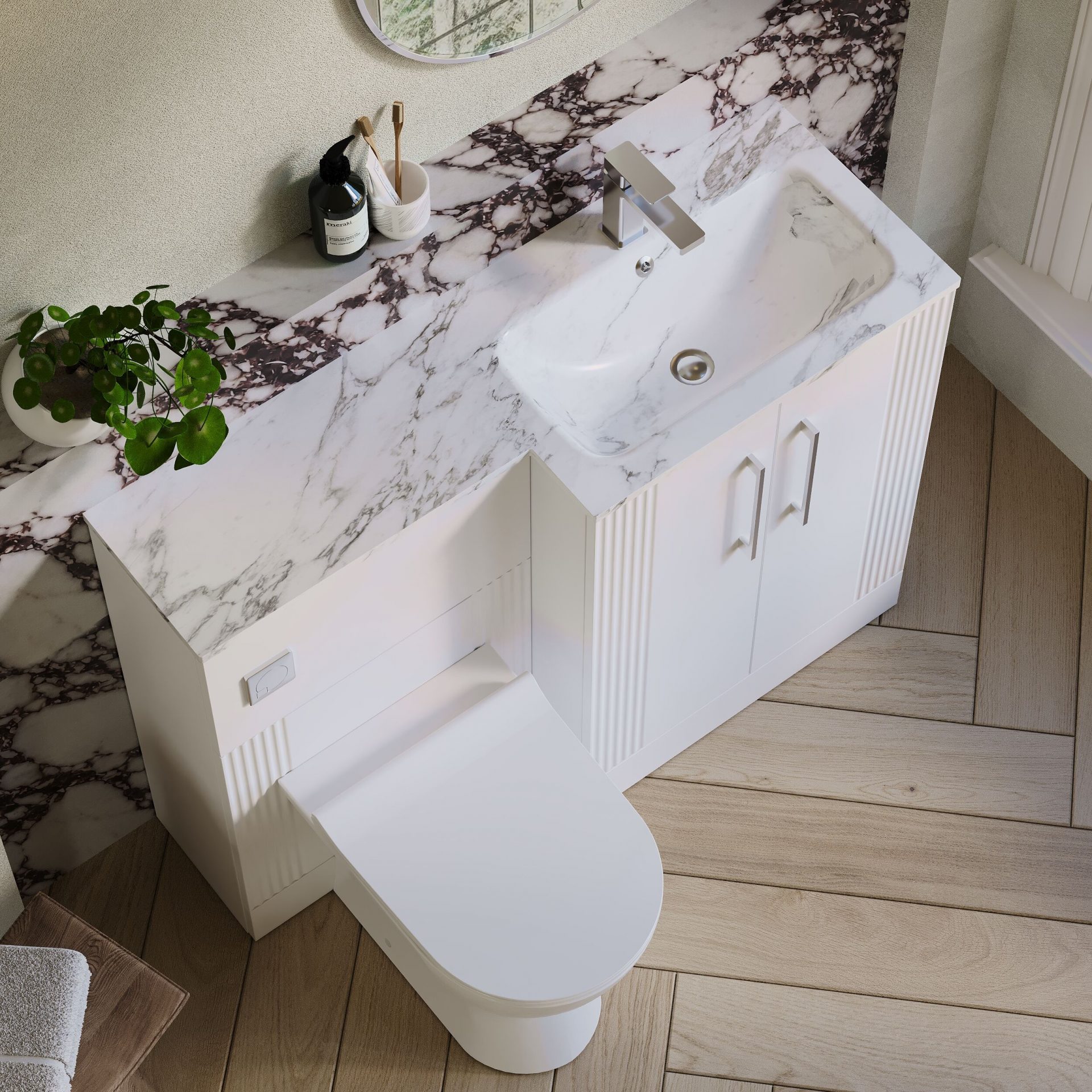 Nuie Deco 1100mm 2 Door Floor Standing Combination Unit with Carrara Marble Basin – Satin White