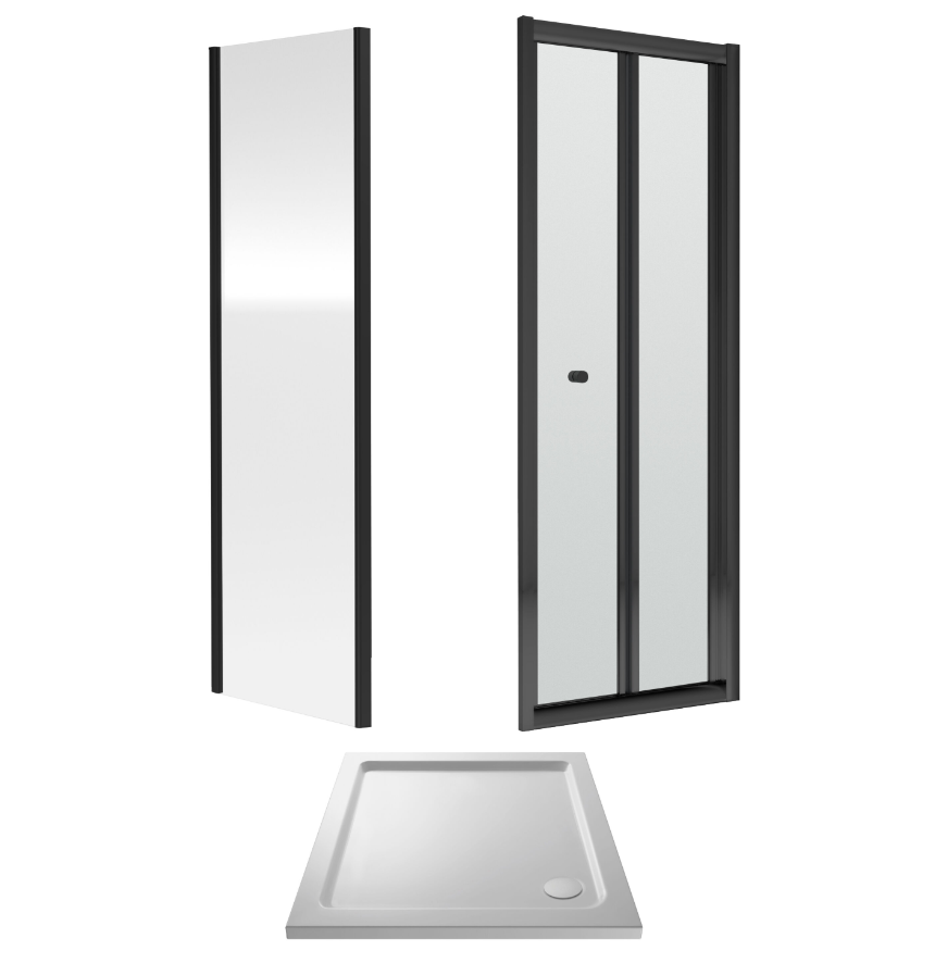 700 x 700mm Matt Black Bi-fold Door Shower Enclosure With White Tray