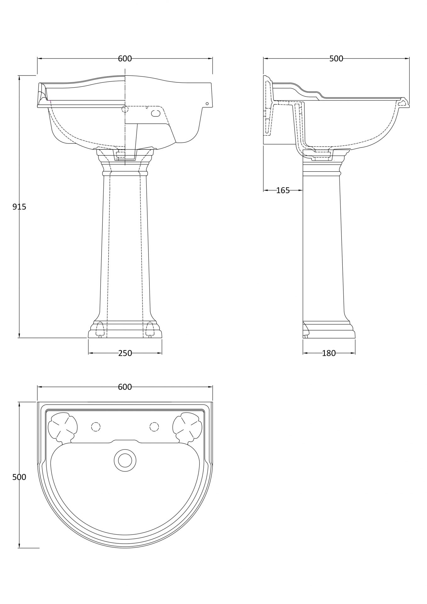 Old London Chancery Standard Height 2TH 600mm Ceramic Basin & Pedestal