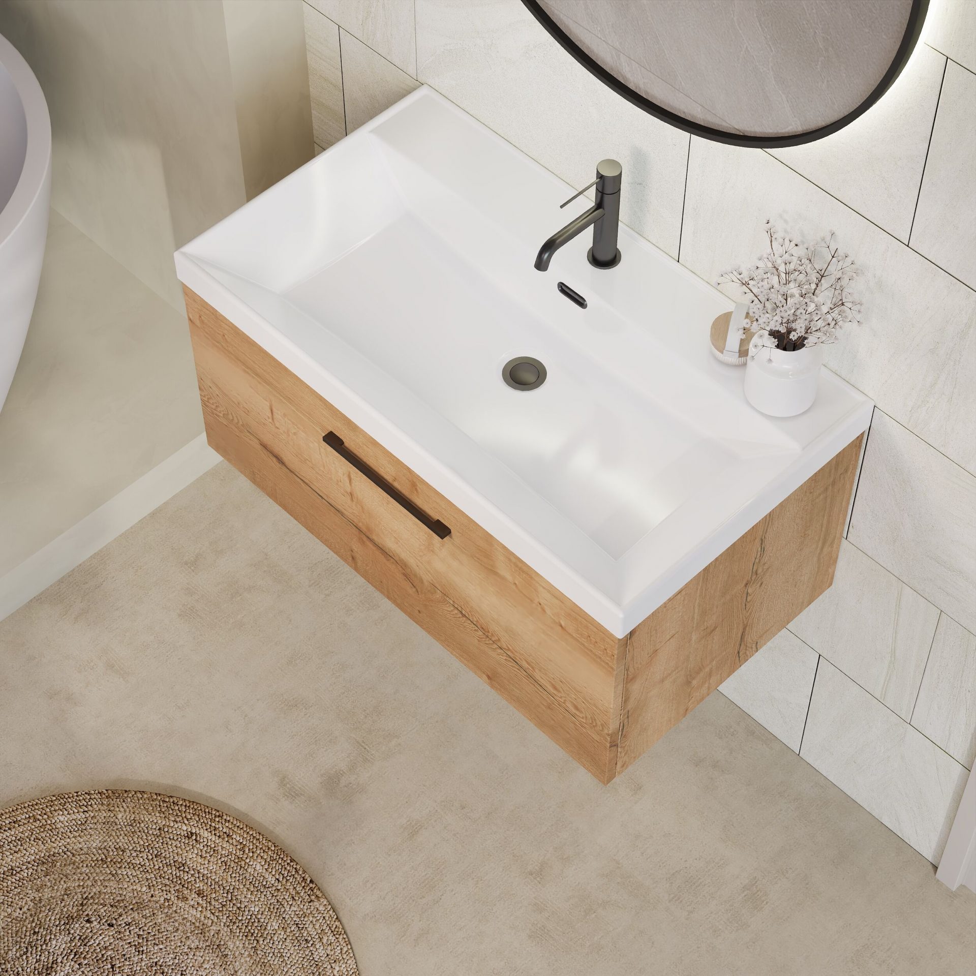 Nuie Lux Kivo 800mm 1 Drawer Wall Hung Vanity Unit – Autumn Oak