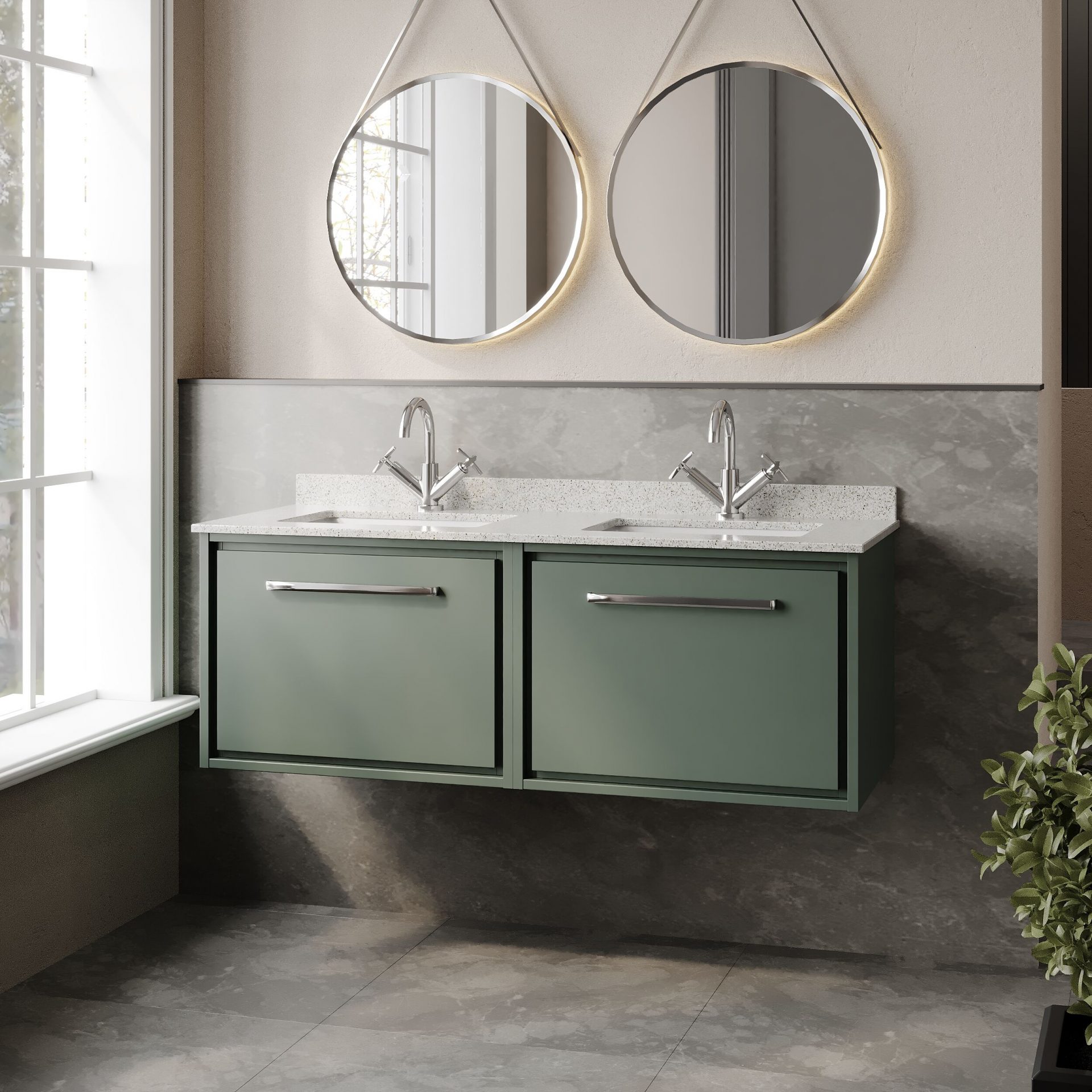 Hudson Reed Lille 1200mm 2 Drawer Wall Hung Vanity Unit & Double Basin – Fern Green