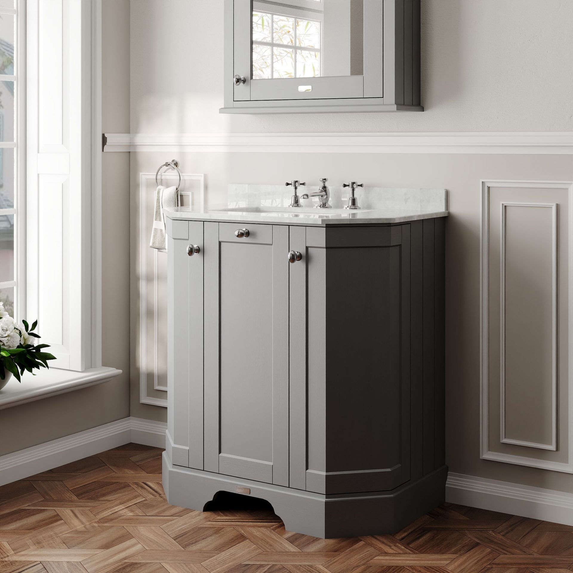 Old London 750mm 3 Door Floor Standing Angled Vanity Unit & White Marble Basin – Storm Grey