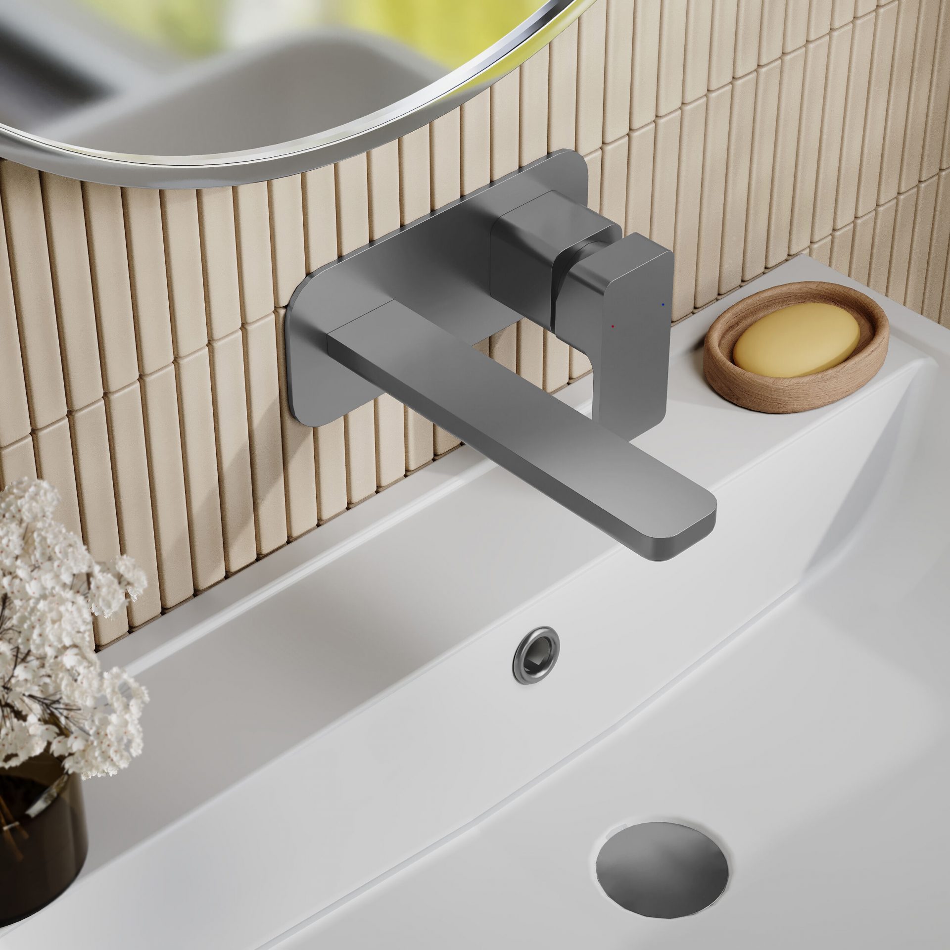 Nuie Windon Wall Mounted 2 Tap Hole Basin Mixer With Plate – Brushed Pewter