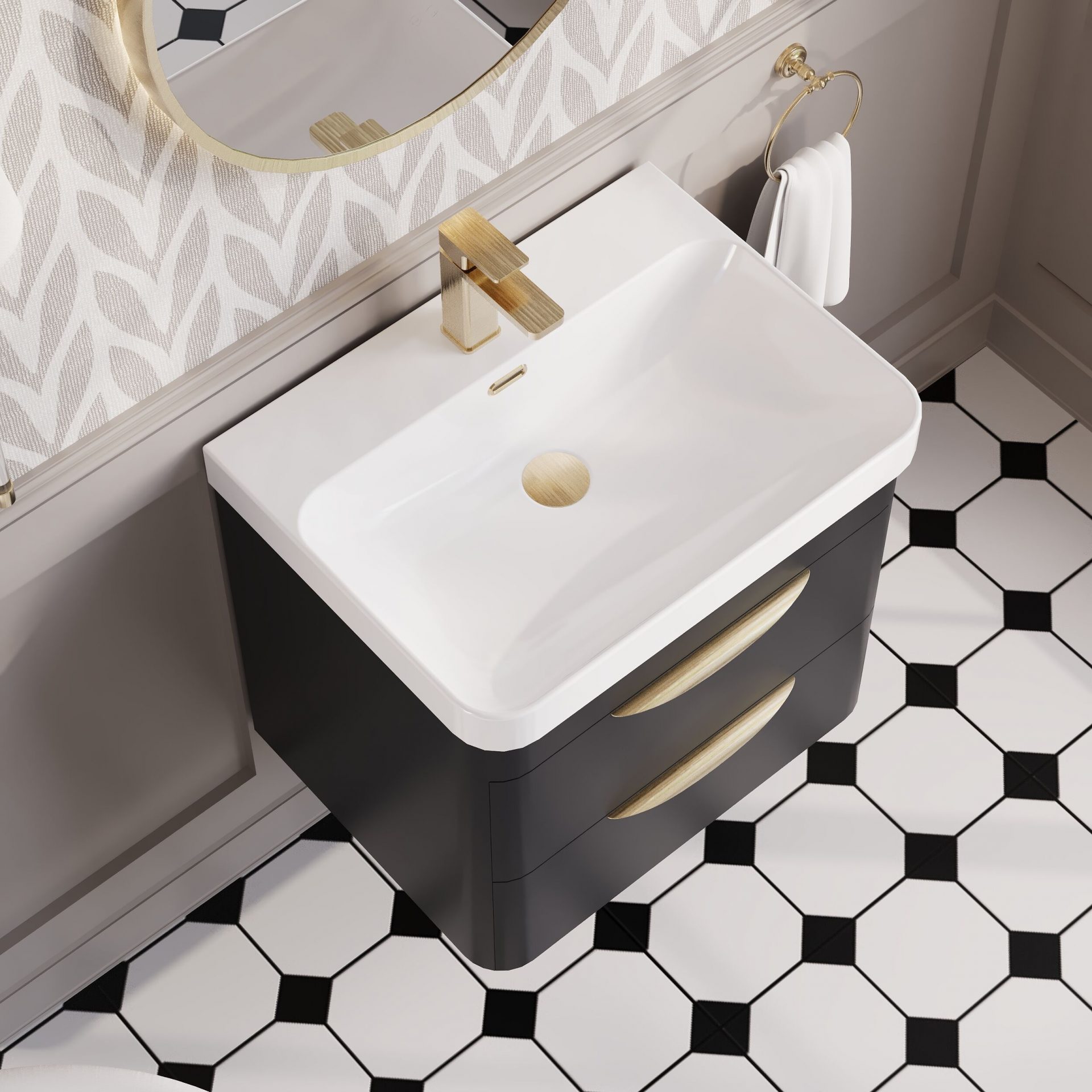 Nuie Parade 600mm 2 Drawer Wall Hung Vanity Unit & Thin-Edge Ceramic Basin – Soft Black