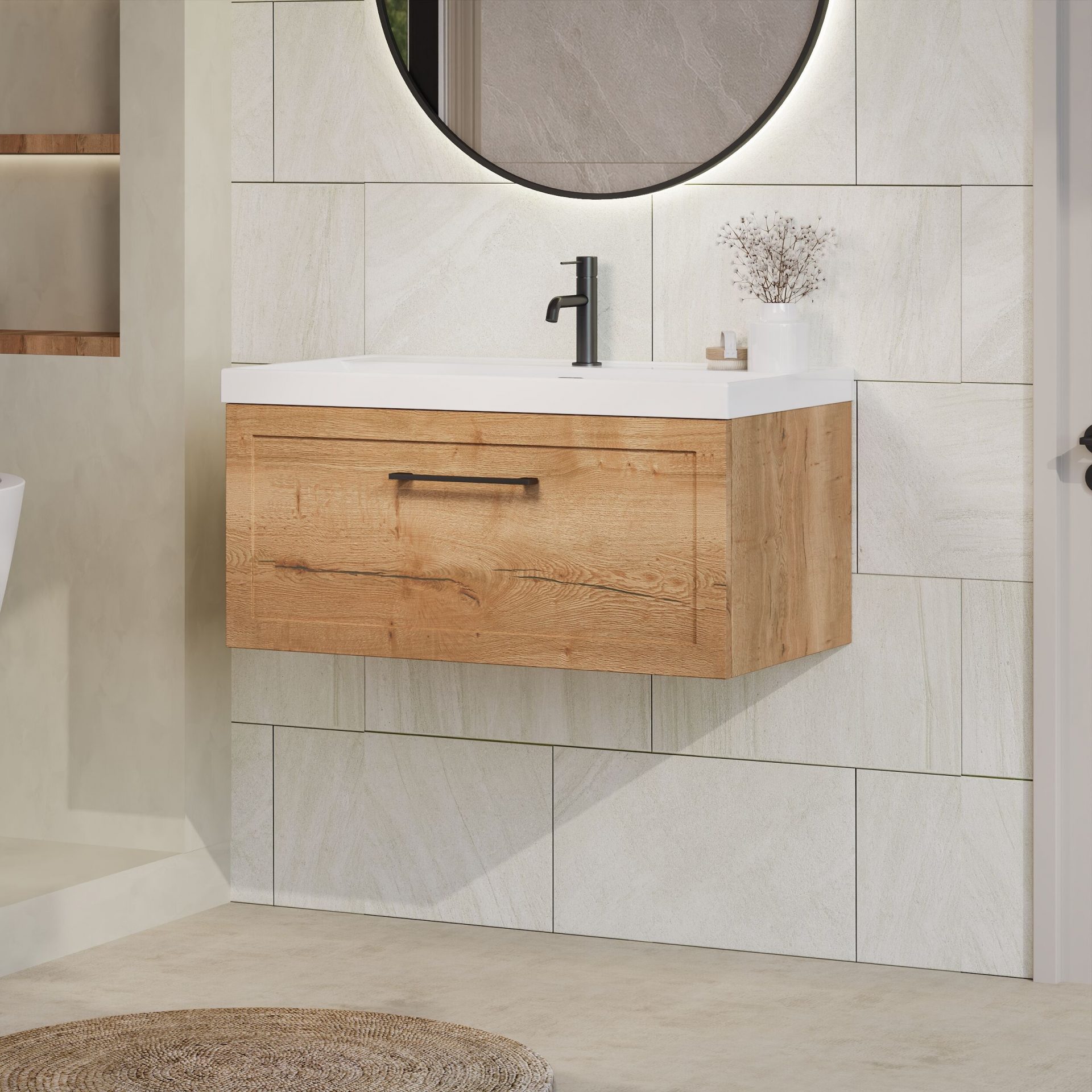 Nuie Lux Larck 800mm 1 Drawer Wall Hung Vanity Unit – Autumn Oak