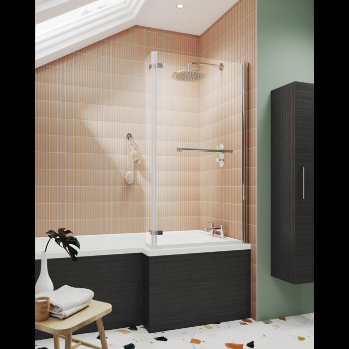 Nuie Pacific 6mm L-Shaped Bath Screen Hinged With Rail – Chrome
