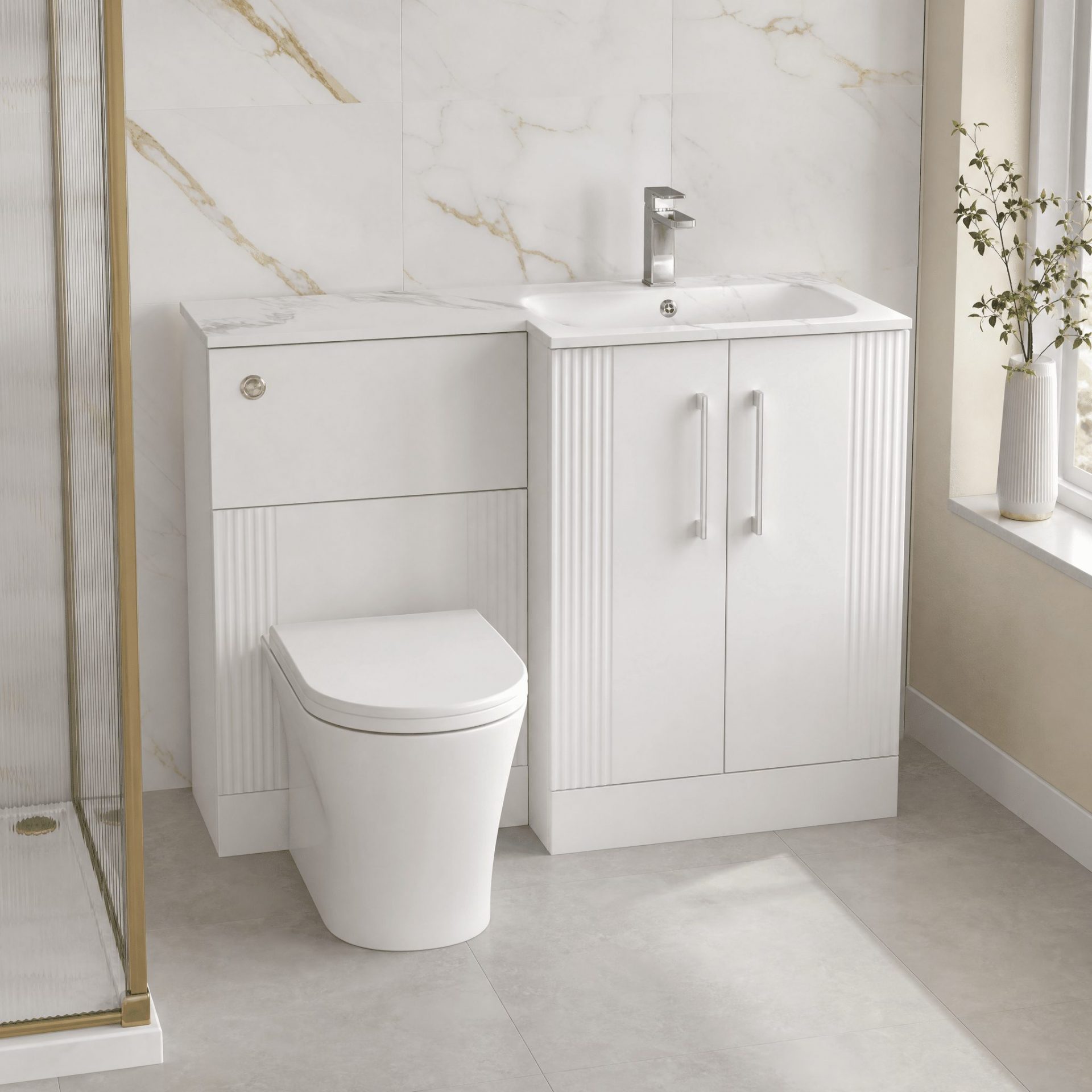 Nuie Deco 1100mm 2 Door Floor Standing Combination Unit with Carrara Marble Basin – Satin White