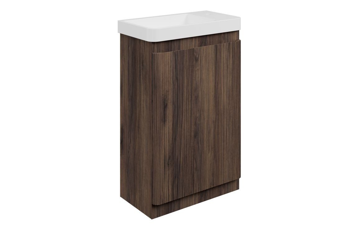 MyBathrooms Clara Fluted 550mm Floorstanding Slim Depth 1 Door Unit & 1TH Basin – Textured Walnut