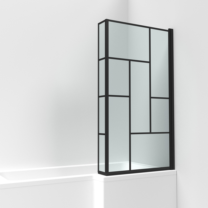 Nuie Pacific 6mm L-Shape Abstract Hinged Bath Screen with Fixed Return – Matt Black