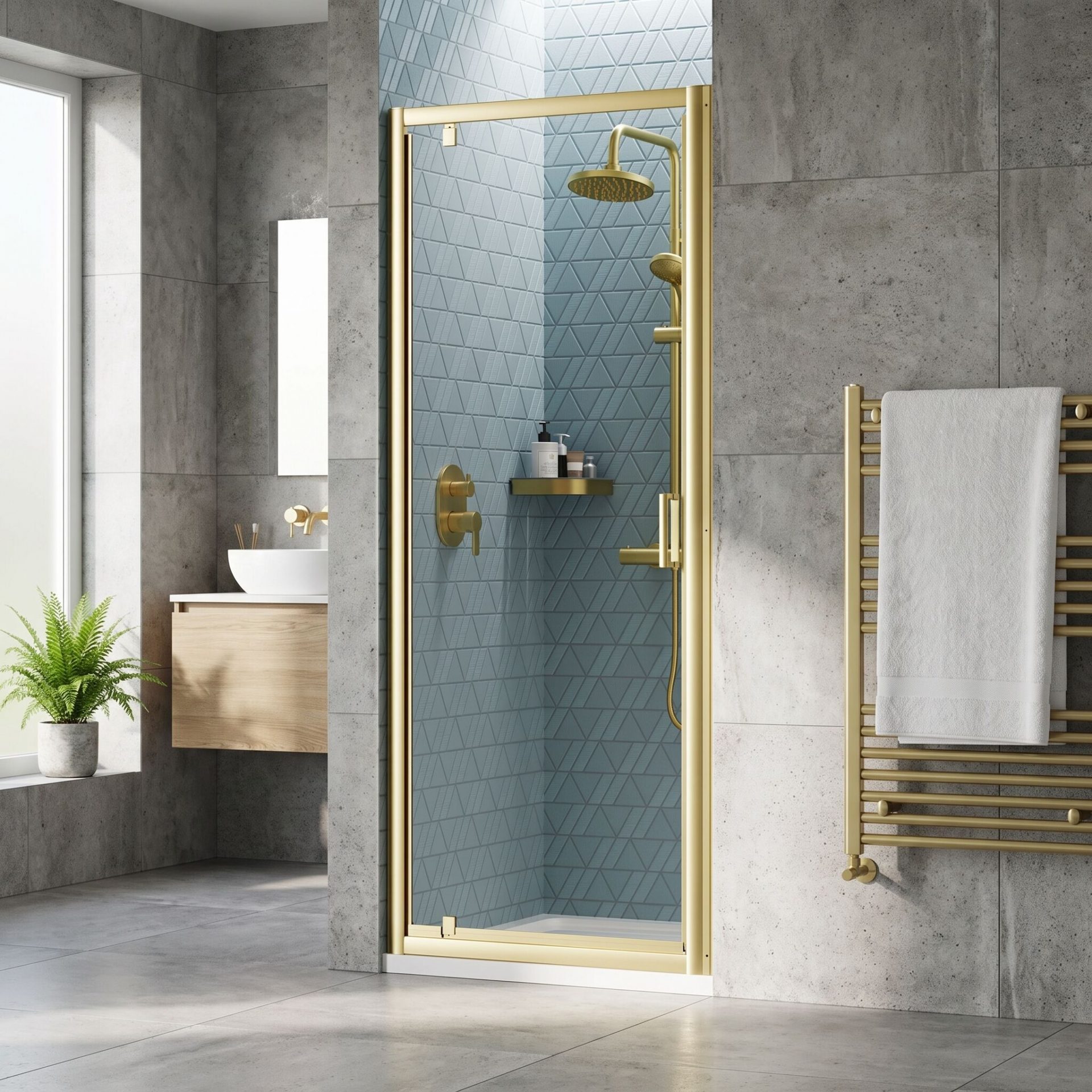 Nuie Rene 6mm Pivot Shower Door Enclosures – Brushed Brass