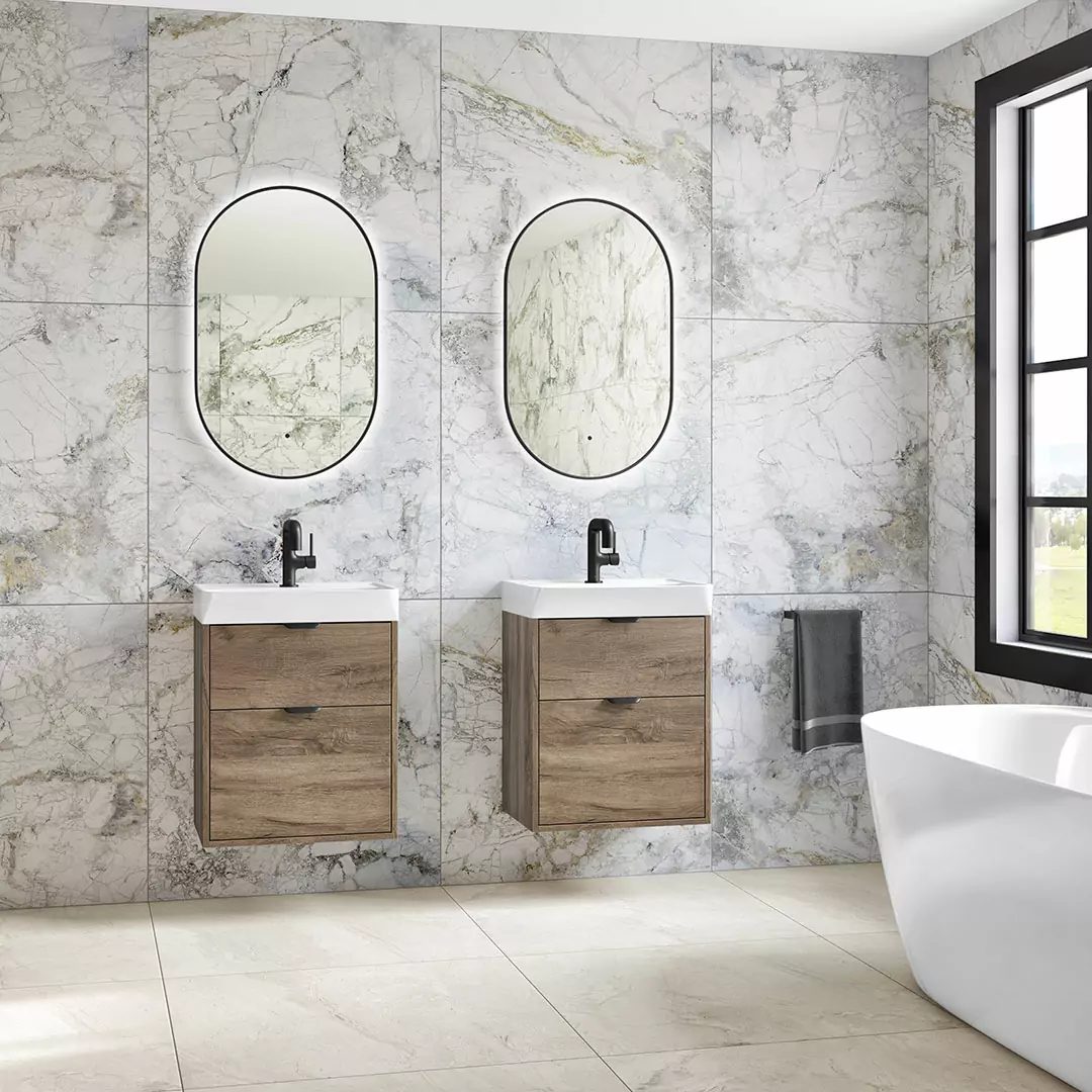 Calia 500mm 2 Drawer Wall Unit & Leon Ceramic Basin - Tobacco Oak  