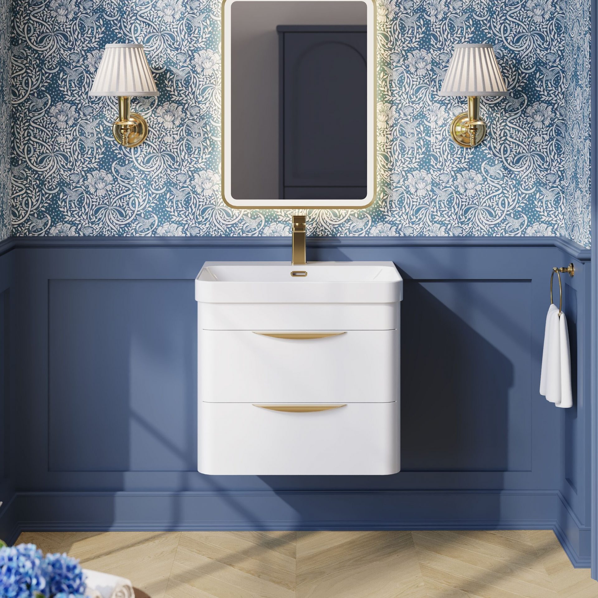 Nuie Parade 600mm 2 Drawer Wall Hung Vanity Unit & Thin-Edge Ceramic Basin – Gloss White