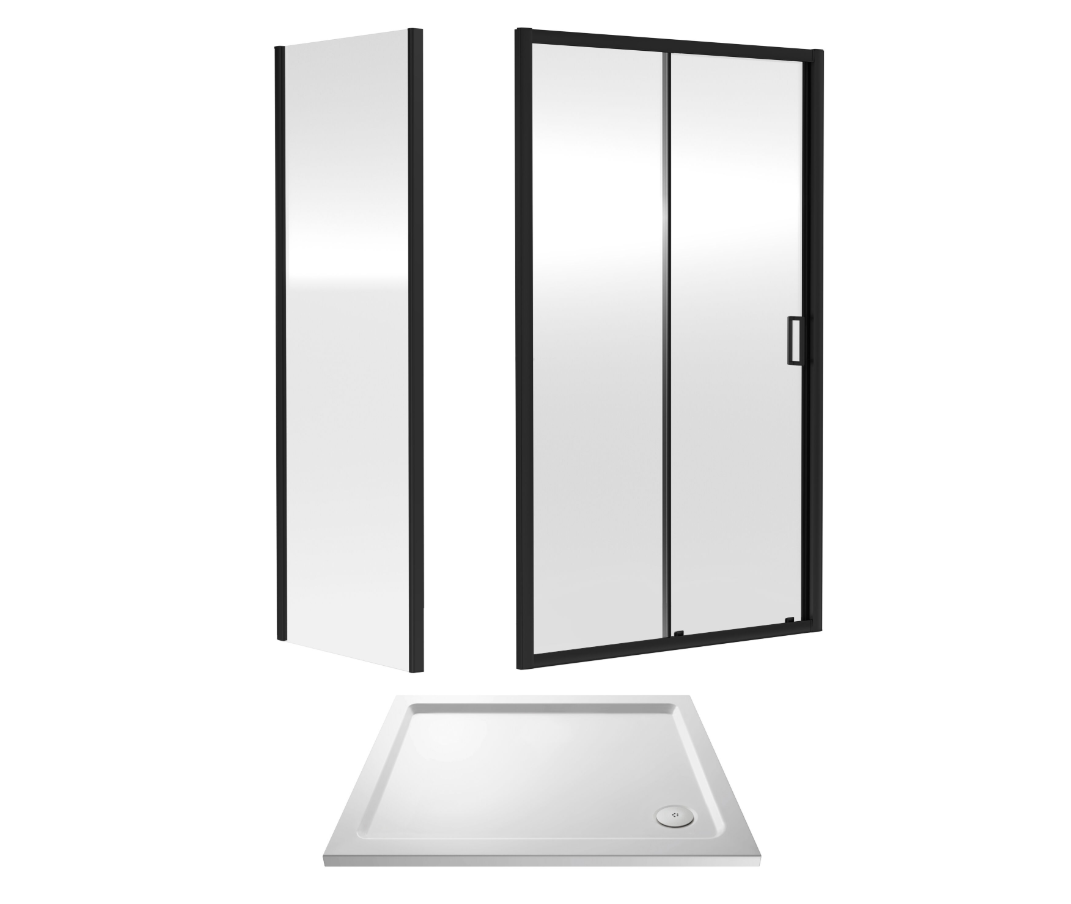 1000 x 900mm Matt Black Single Sliding Door Shower Enclosure With White Tray