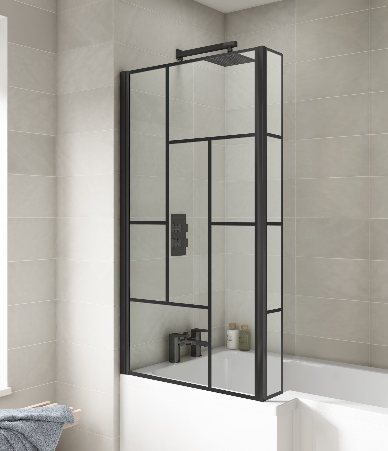 Nuie Pacific 6mm L-Shape Abstract Hinged Bath Screen with Fixed Return – Matt Black