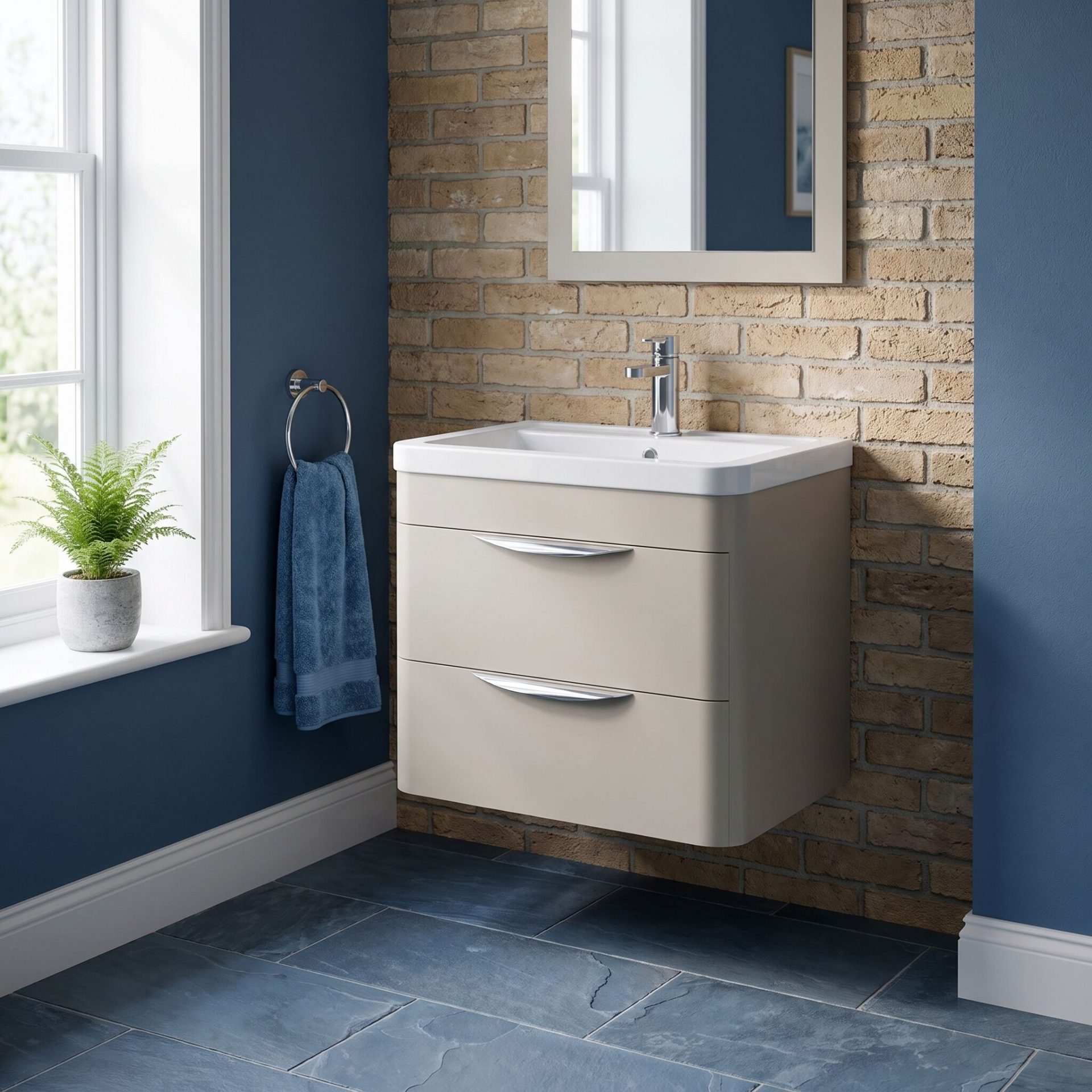 Nuie Parade 600mm 2 Drawer Wall Hung Vanity Unit & Ceramic Basin – Pebble Grey