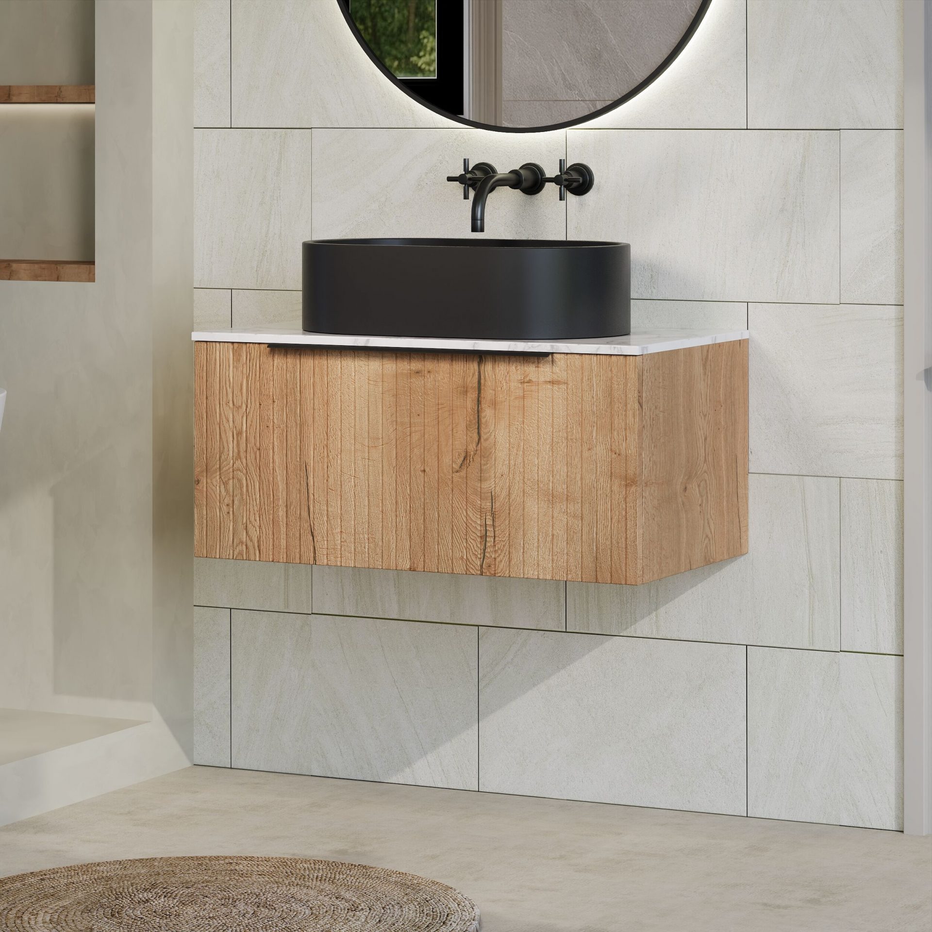 Nuie Lux Flume 800mm 1 Drawer Wall Hung Vanity Unit – Autumn Oak