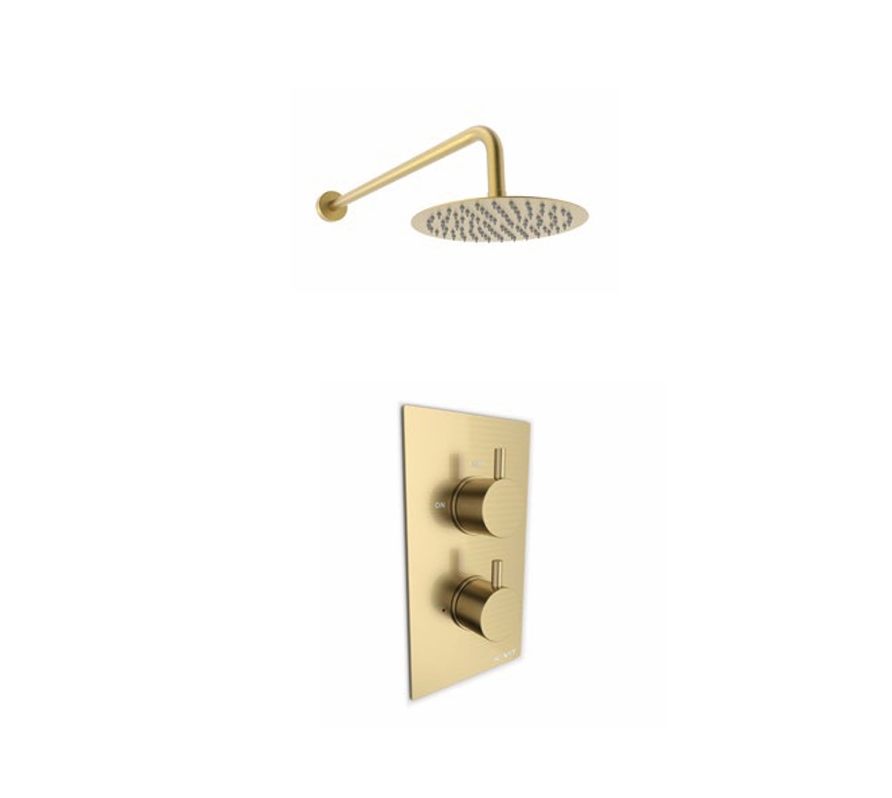 Kartell Ottone Round Thermostatic Concealed Shower with Fixed Overhead Drencher – Brushed Brass