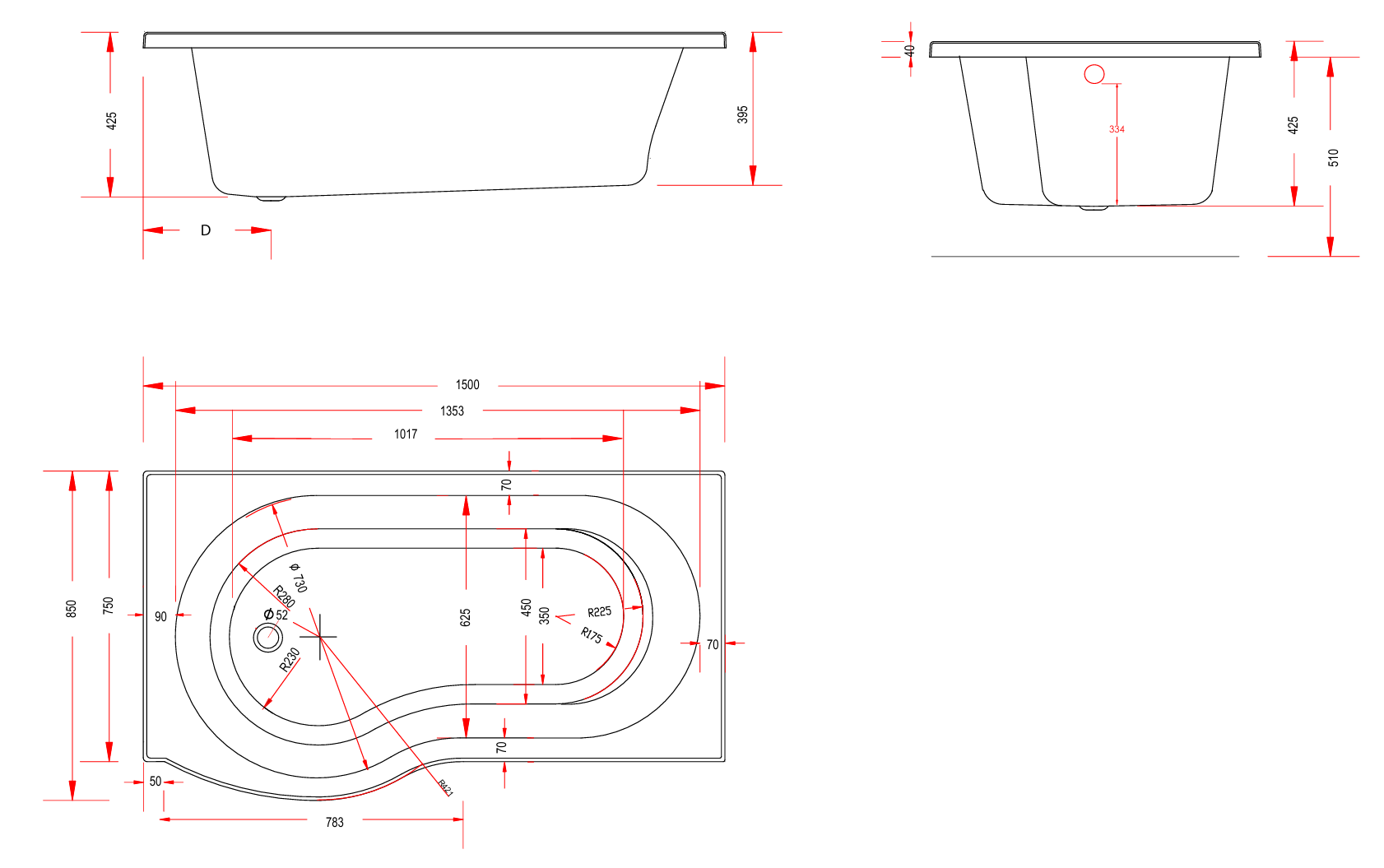 Eastbrook Ultra Strong Beauforte Shannon P-Shape Shower Bath 1500x850mm