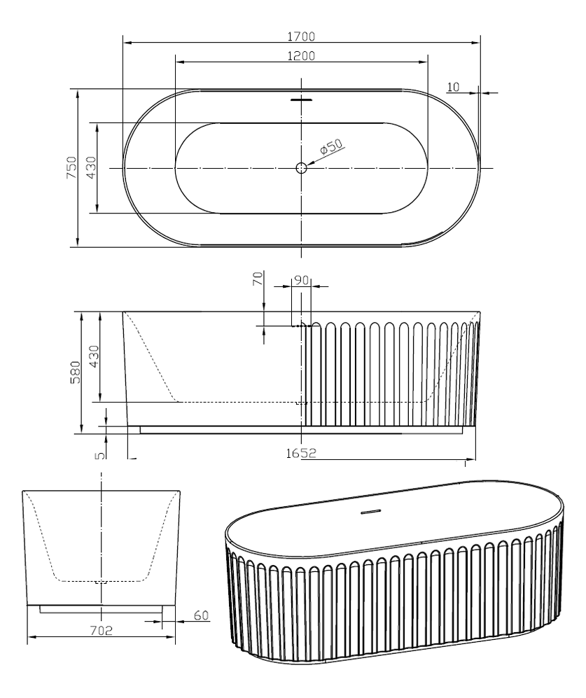 Scudo Lira Freestanding Oval Fluted Acrylic Bath 1700x800mm – Matt Clay