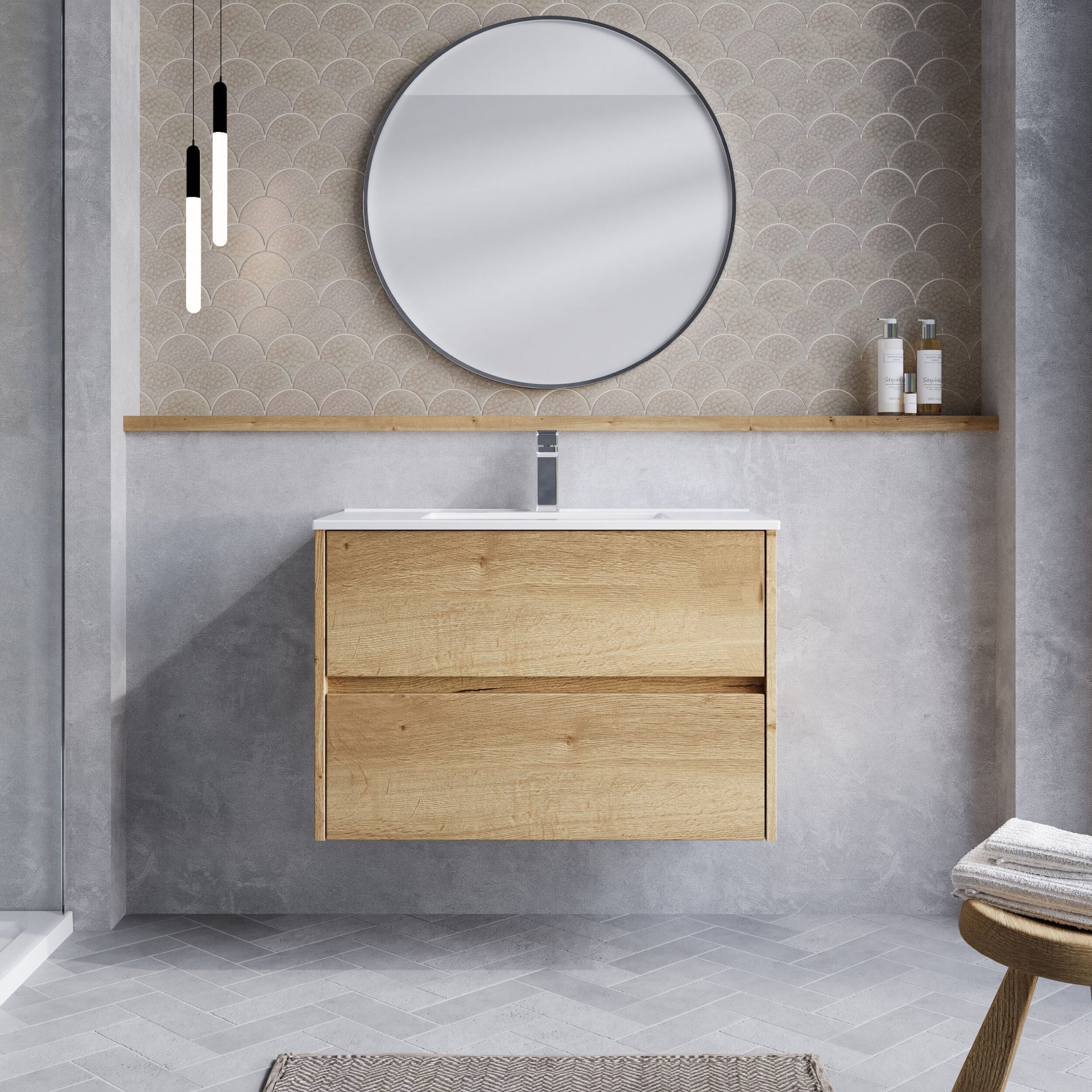 Nuie Havana 800mm 2 Drawer Wall Hung Unit & Minimalist Basin – Autumn Oak