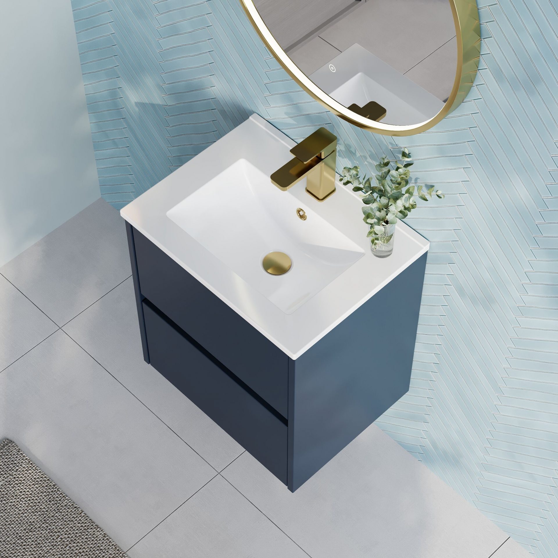 Nuie Havana 500mm 2 Drawer Wall Hung Unit & Minimalist Basin – Midnight Blue