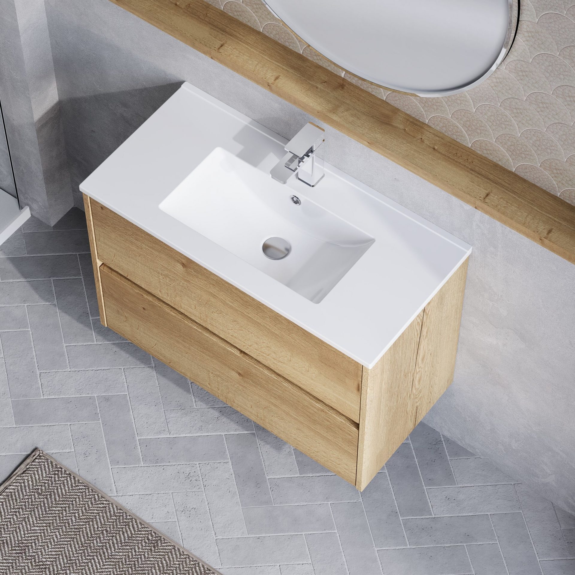 Nuie Havana 800mm 2 Drawer Wall Hung Unit & Minimalist Basin – Autumn Oak