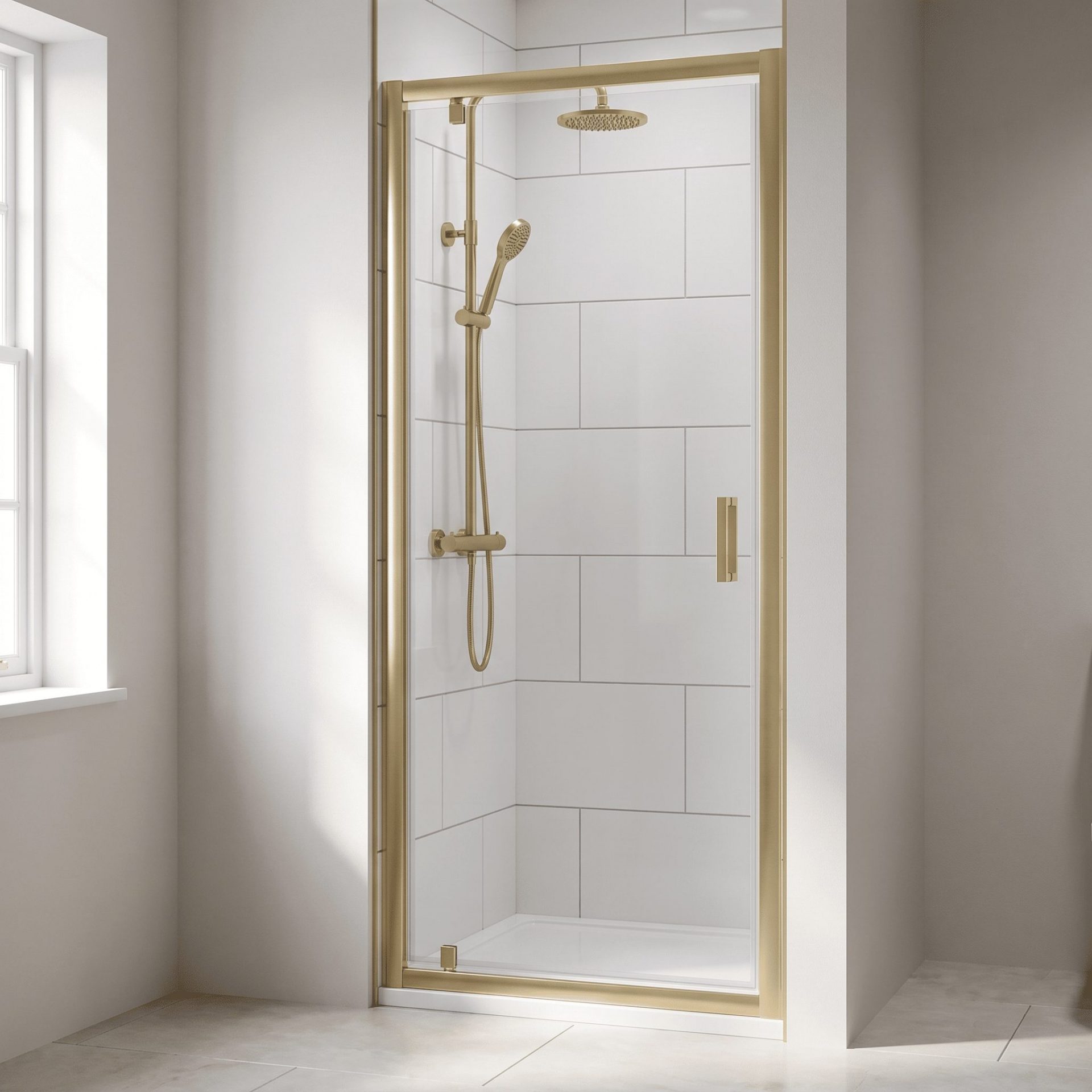 Nuie Rene 6mm Pivot Shower Door Enclosures – Brushed Brass