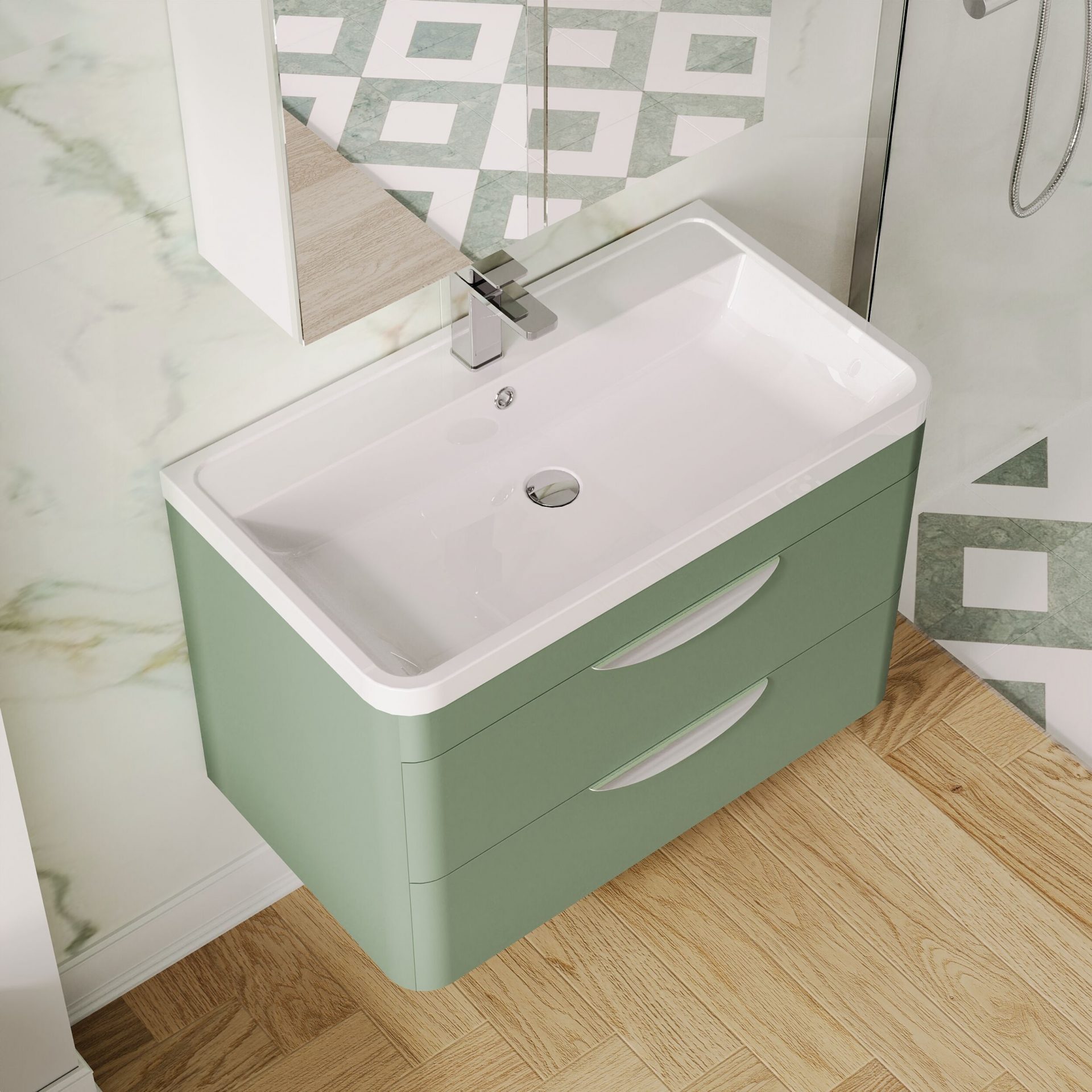 Nuie Parade 800mm 2 Drawer Wall Hung Vanity Unit & Polymarble Basin – Satin Green