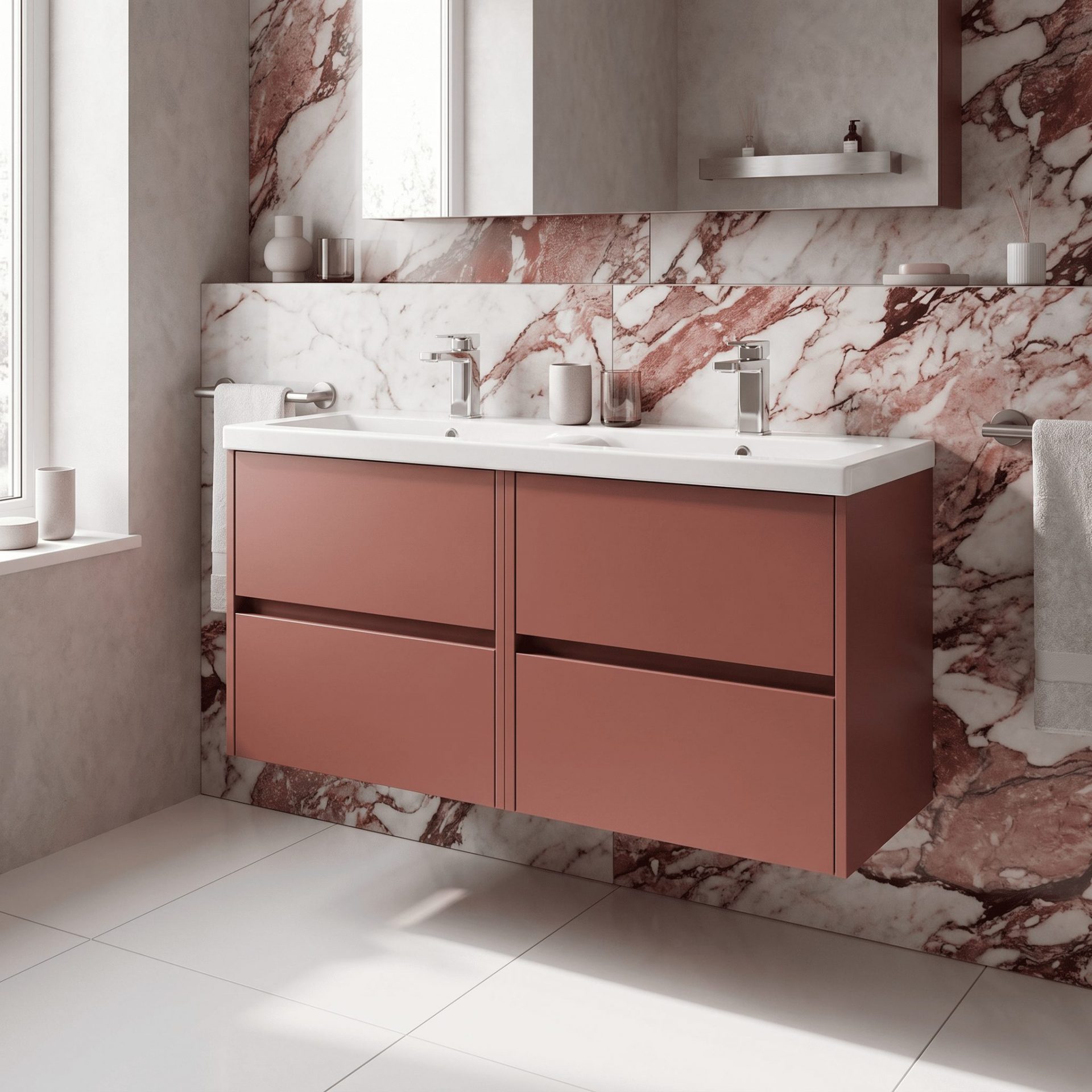 Nuie Havana 1200mm 4 Drawer Wall Hung Unit & Twin Ceramic Basin – Smoked Red