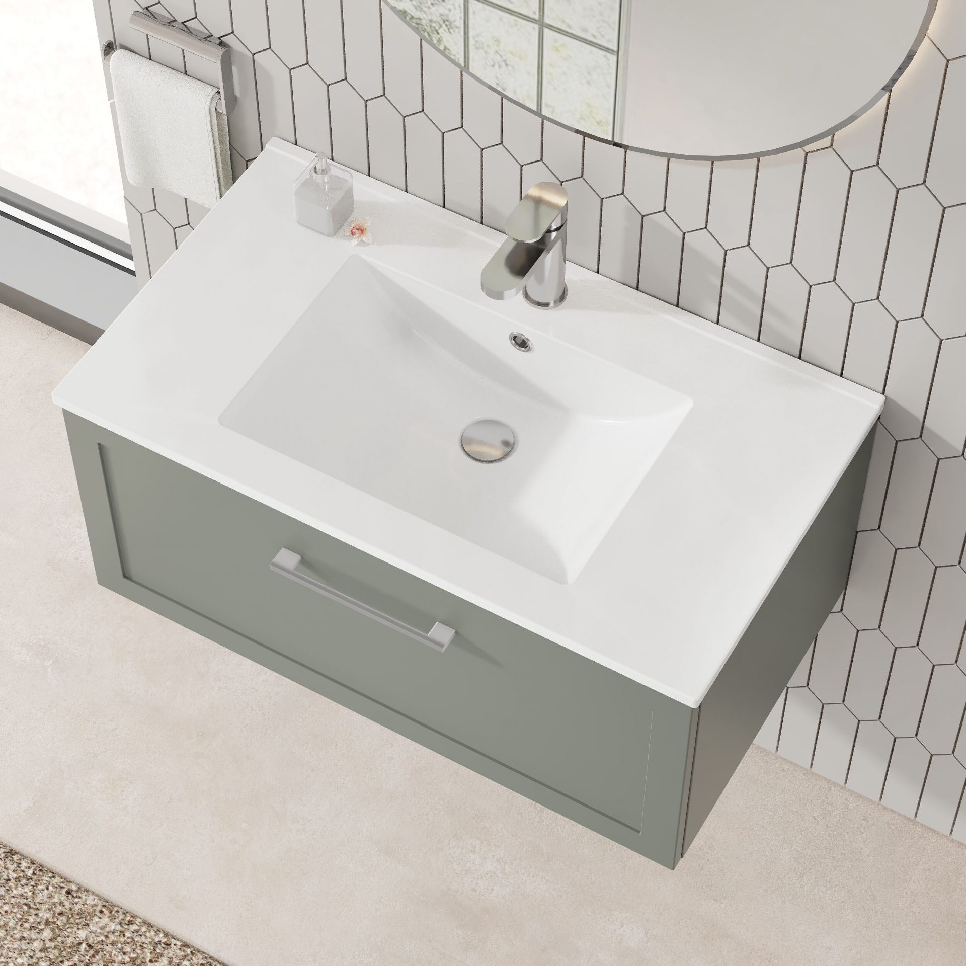 Nuie Lux Larck 800mm 1 Drawer Wall Hung Vanity Unit – Fern Green