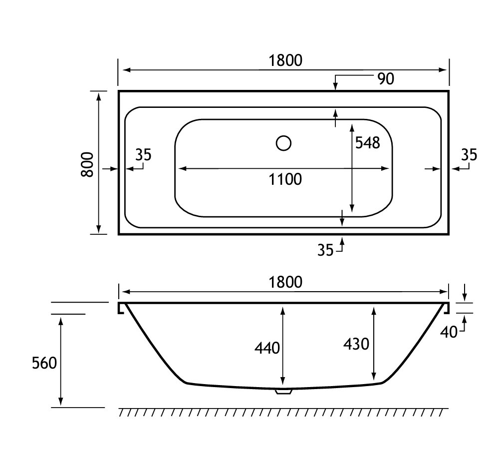 Eastbrook Beaufort 5mm Malin Double Ended Bath 1800x800mm