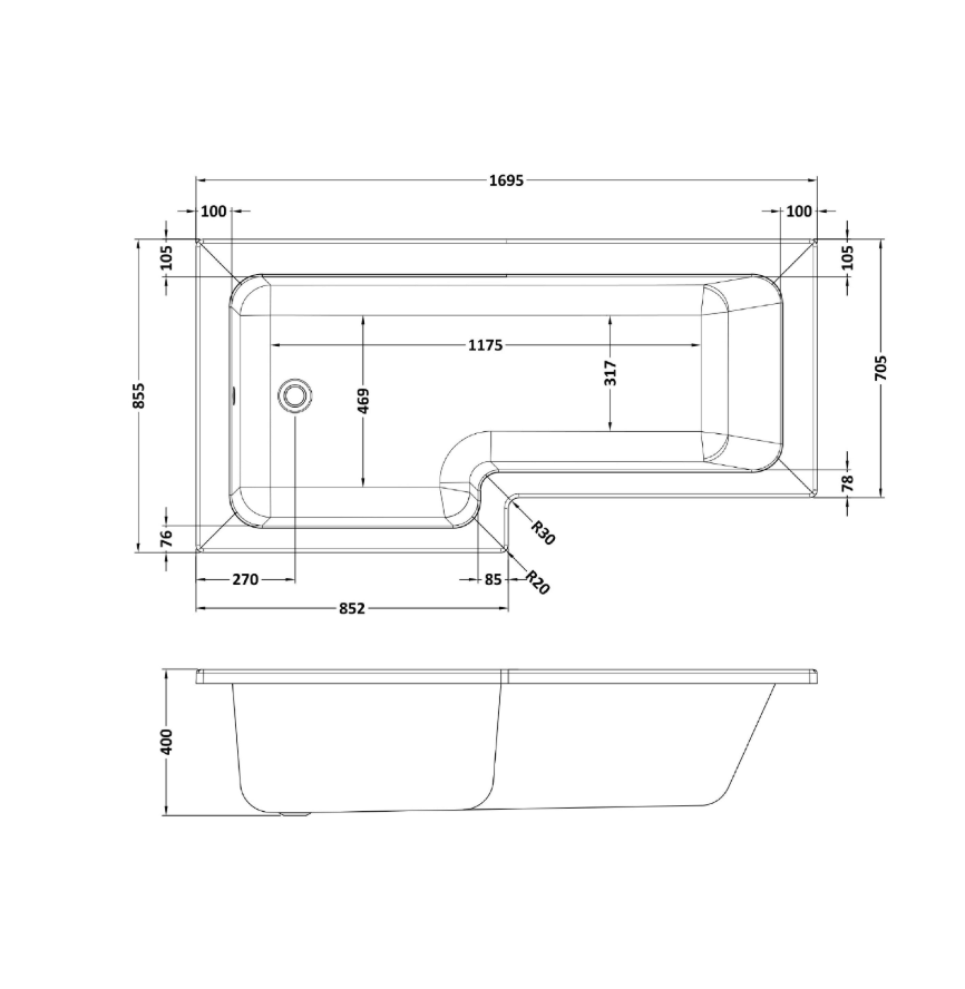 1700mm L-Shaped Right Hand Shower Bath, Bath Screen, Front panel And Leg Set