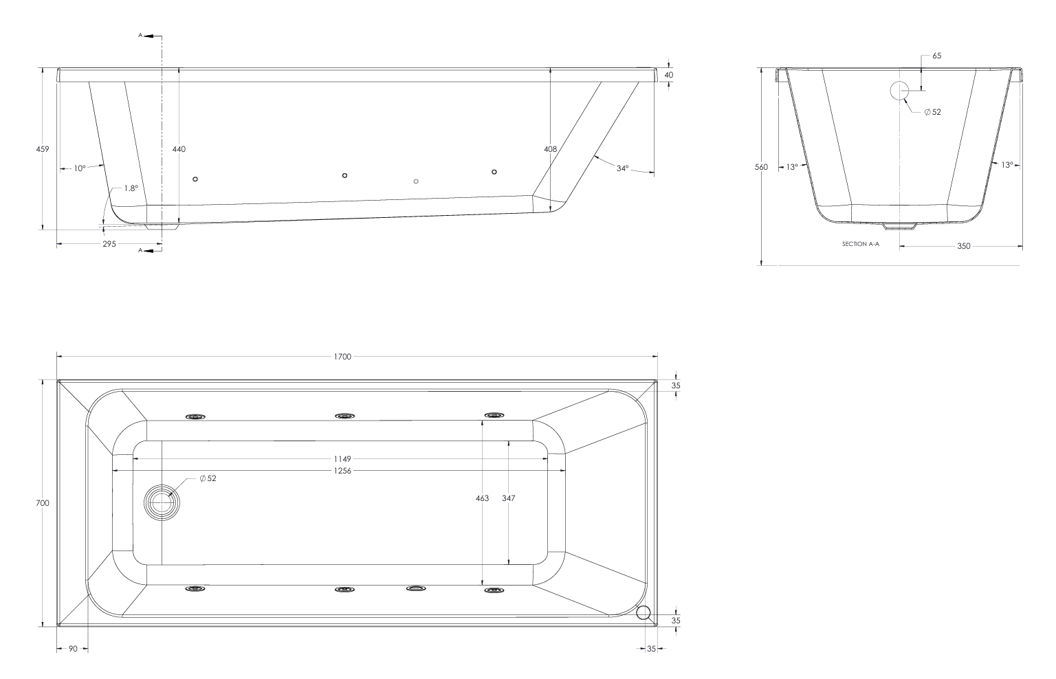 Eastbrook Beaufort Malin Single Ended 6 Jet Whirlpool Bath 1700x700x440mm – Brushed Brass