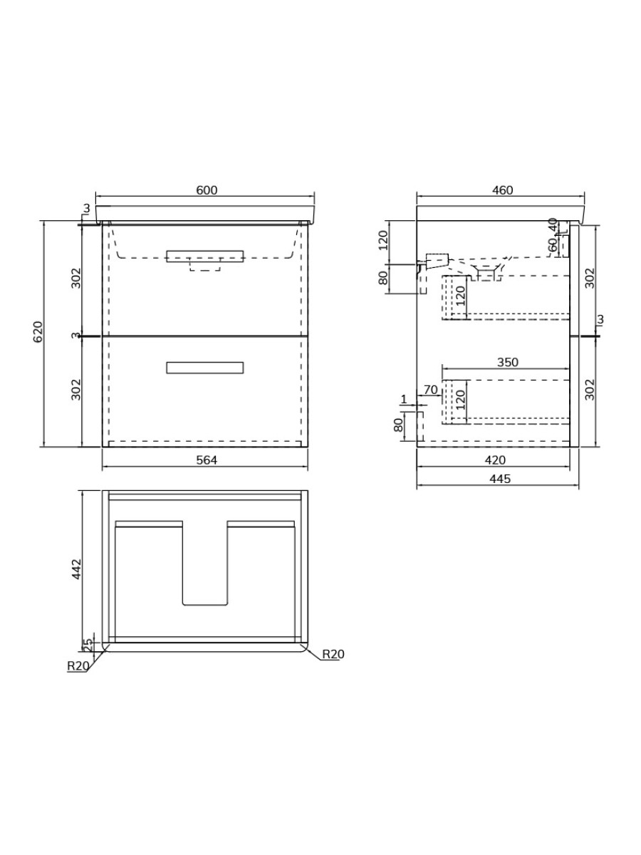 Sonas Kora 600mm 2 Drawer Wall Hung Vanity Unit & Ceramic Basin – Gloss White