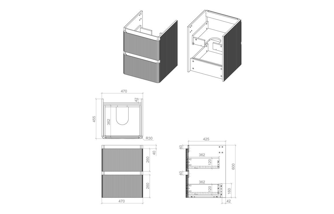MyBathrooms Clara Fluted 500mm 2 Drawer Wall Hung Unit & 1TH Basin – Textured Oak