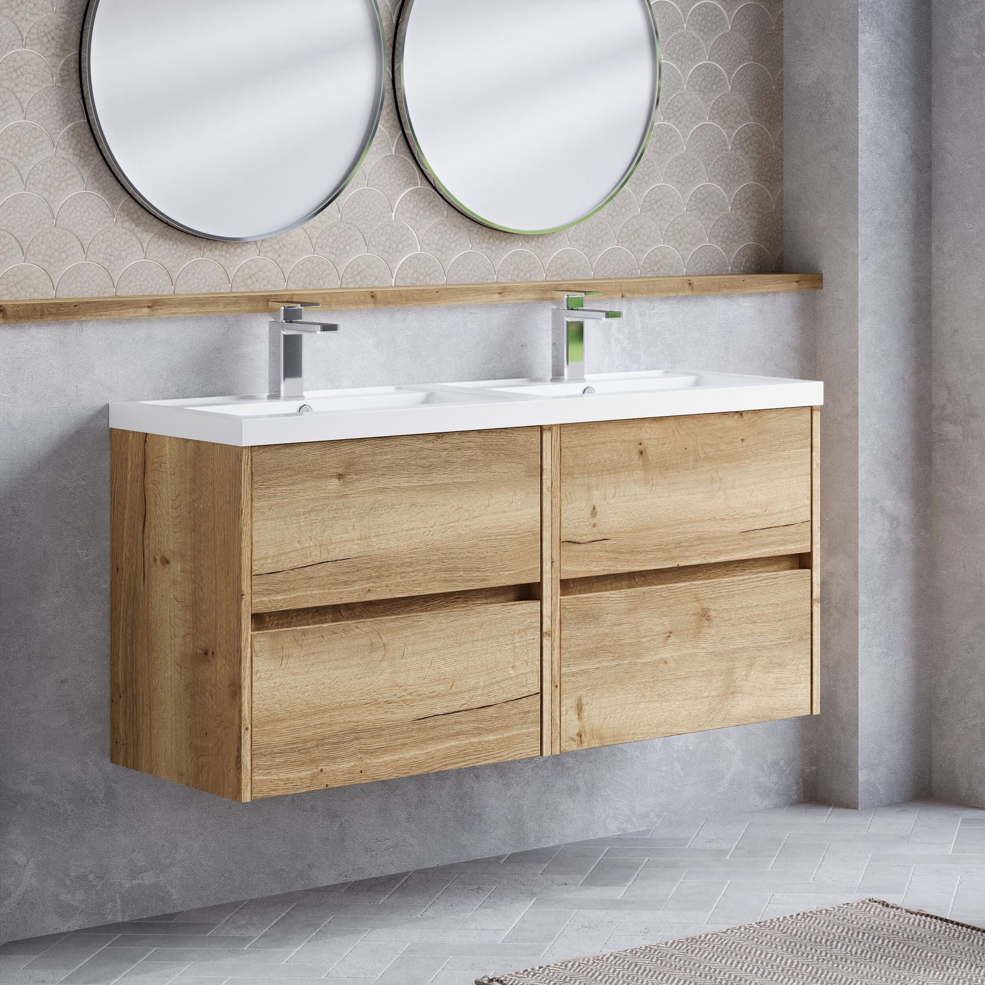 Nuie Havana 1200mm 4 Drawer Wall Hung Unit & Twin Polymarble Basin – Autumn Oak
