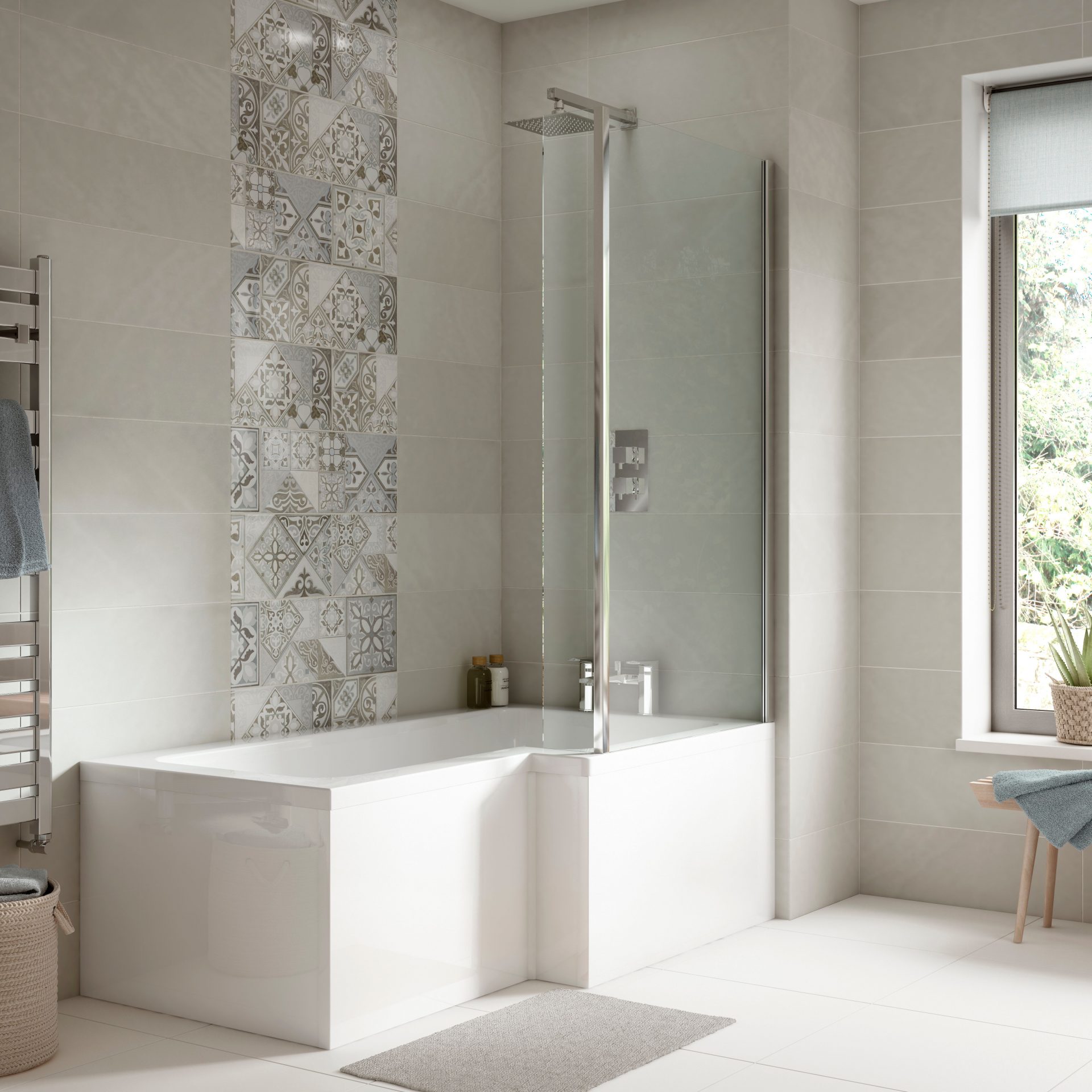 1500mm Right Hand Square Shower Bath Set with Screen, Side Panel And Leg Set