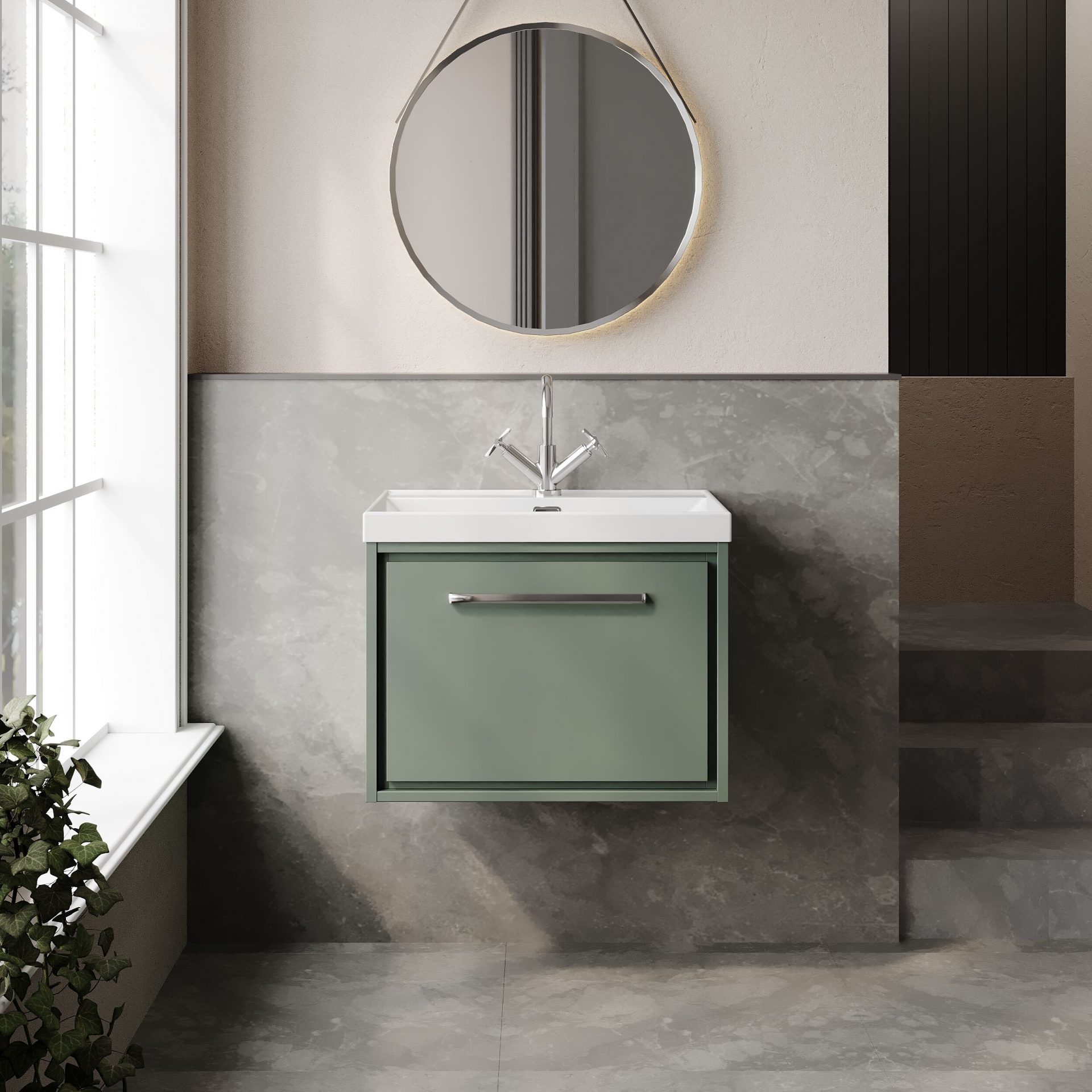 Hudson Reed Lille 600mm 1 Drawer Wall Hung Vanity Unit & Thin-Edge Basin – Fern Green
