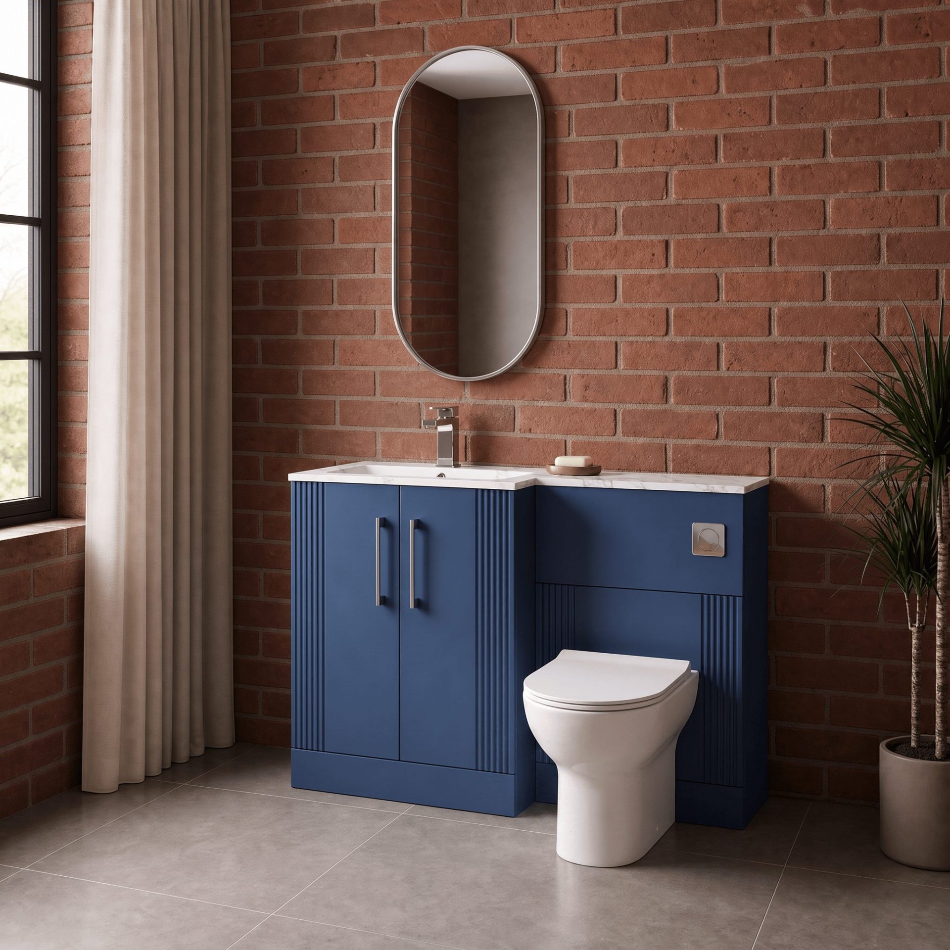 Nuie Deco 1100mm 2 Door Floor Standing Combination Unit with Carrara Marble Basin – Satin Blue