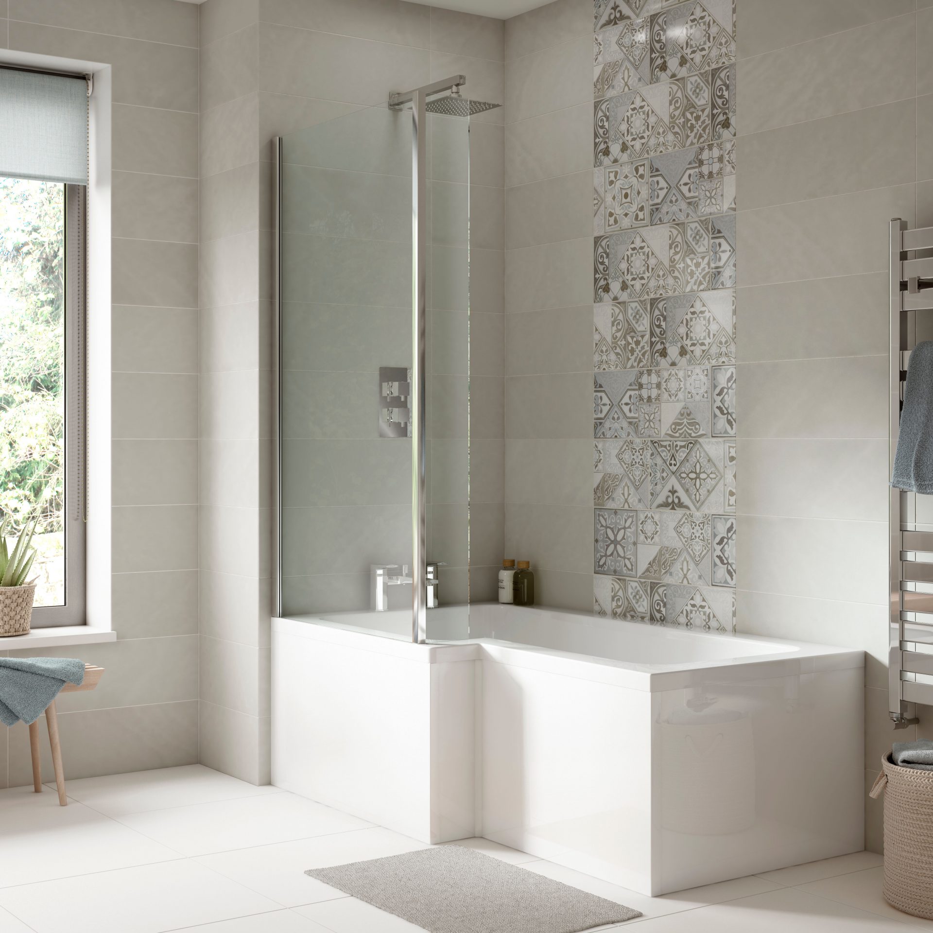 1500mm Left Hand Square Shower Bath Set with Screen, Side Panel And Leg Set