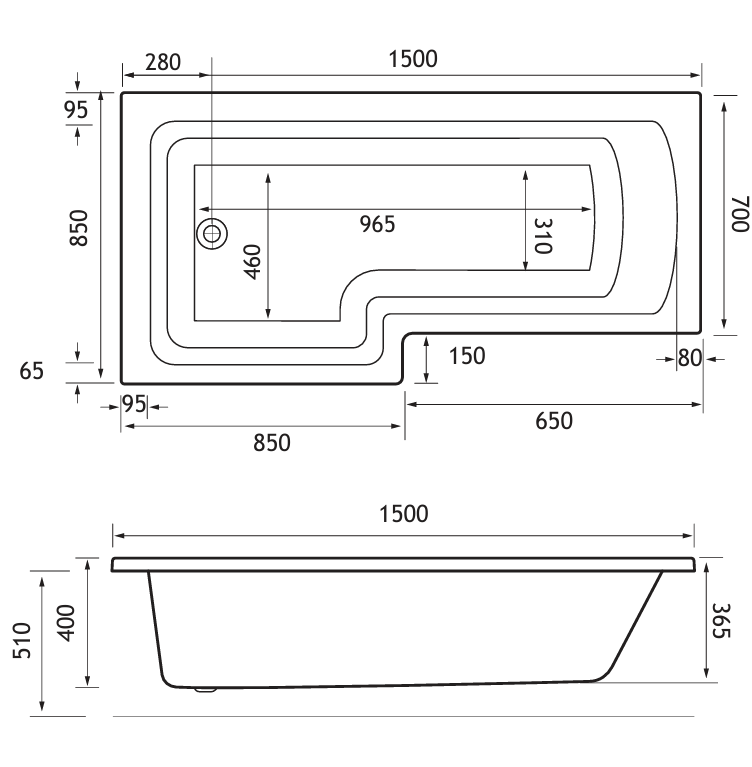 Eastbrook Beaufort 4mm Shannon L-Shape Shower Bath 1500x850mm