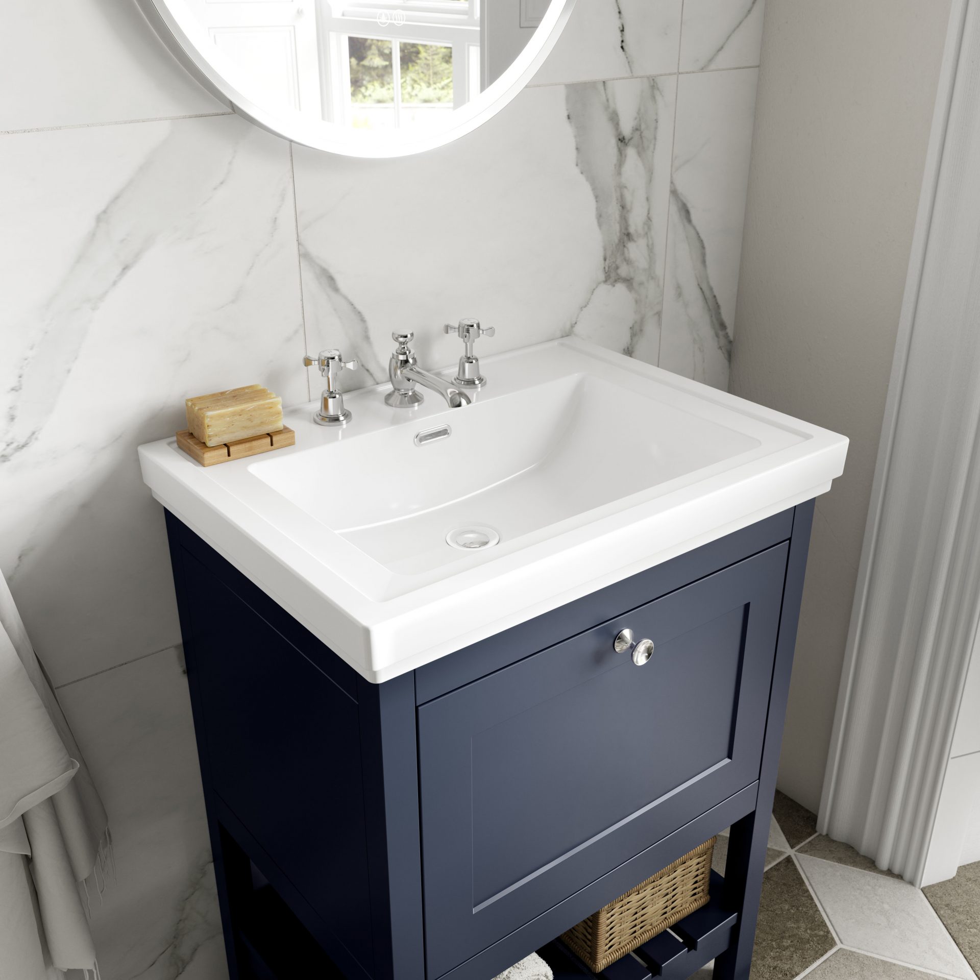 Old London Bexley 600mm 1 Drawer Floor Standing Vanity Unit & Basin – Indigo Blue