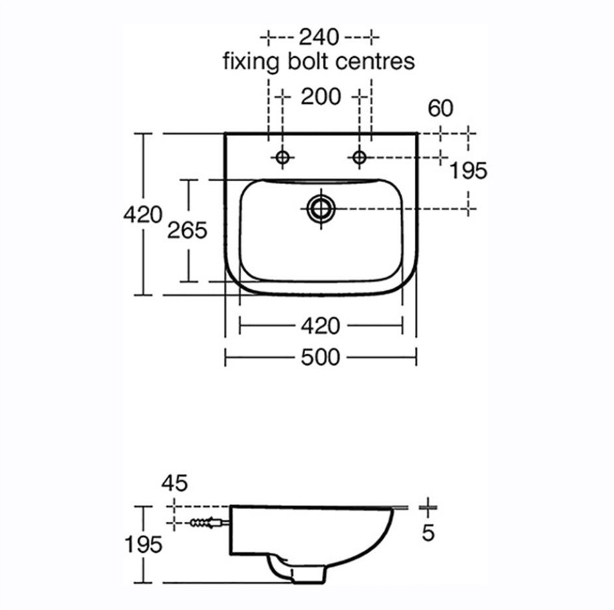 Armitage Shanks Portman 21 500mm Basin With 2 Tap Holes, No Overflow Or Chainstay Hole