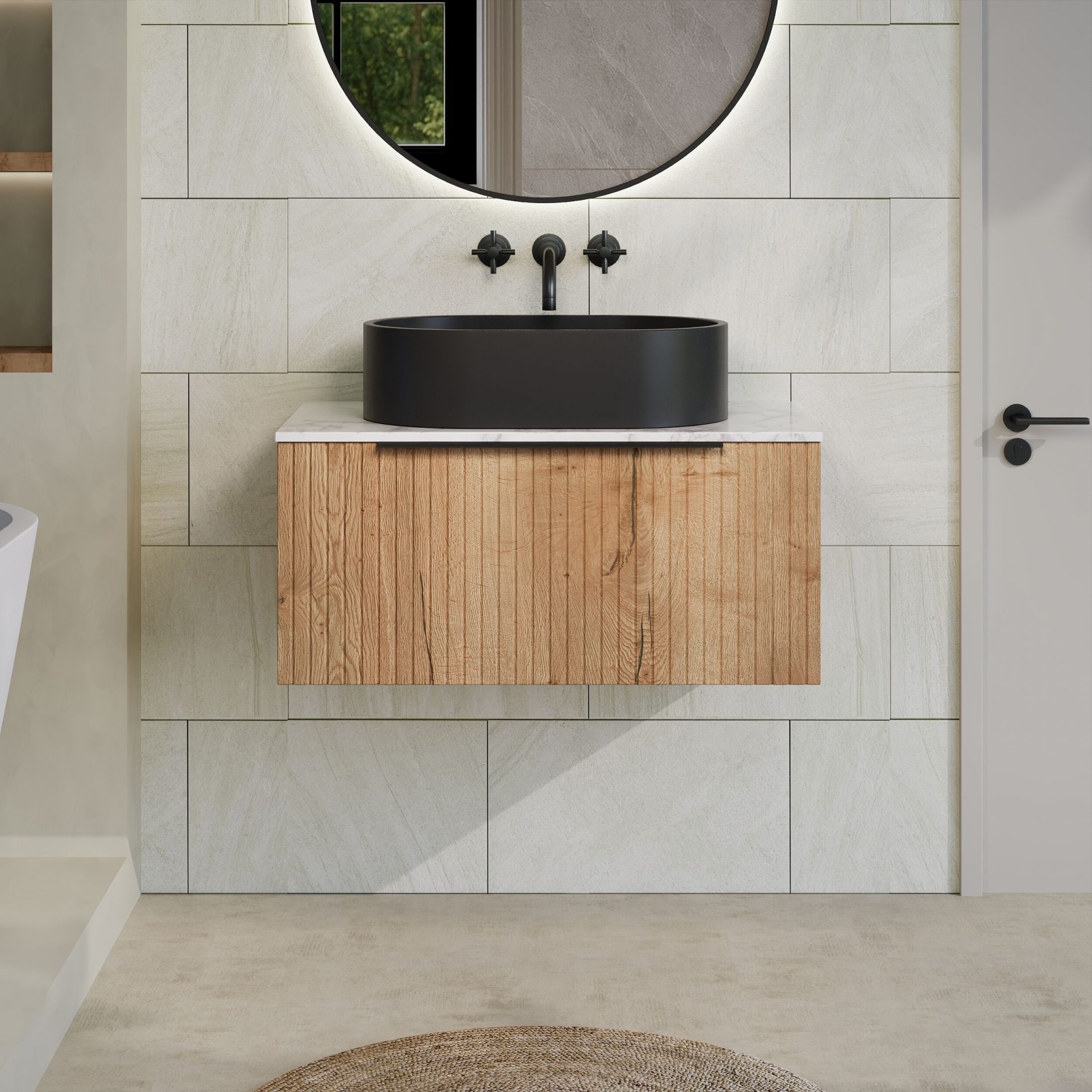 Nuie Lux Flume 800mm 1 Drawer Wall Hung Vanity Unit – Autumn Oak