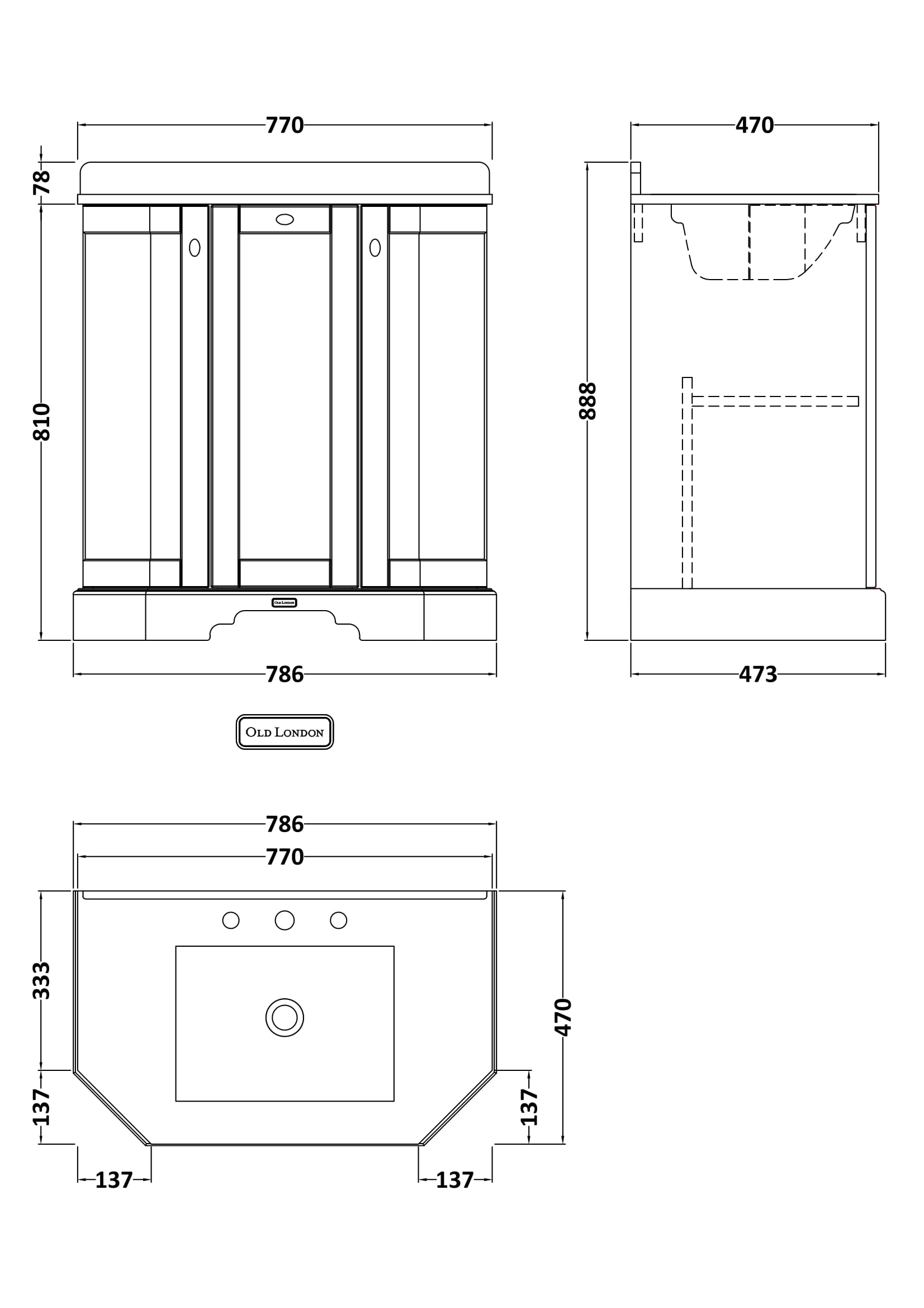 Old London 750mm 3 Door Floor Standing Angled Vanity Unit & White Marble Basin – Timeless Sand