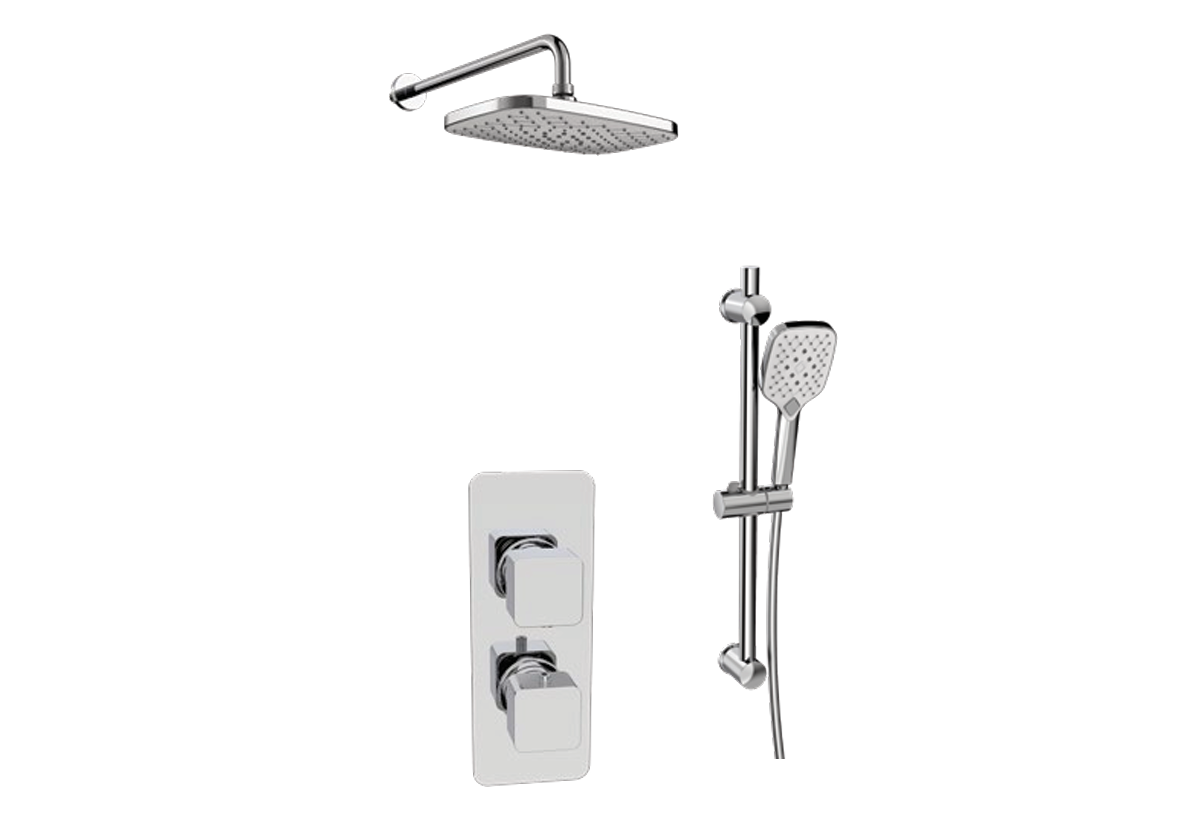 Kartell Kolt Thermostatic Shower (with diverter) Slide Rail Kit & Fixed Overhead Drencher – Chrome