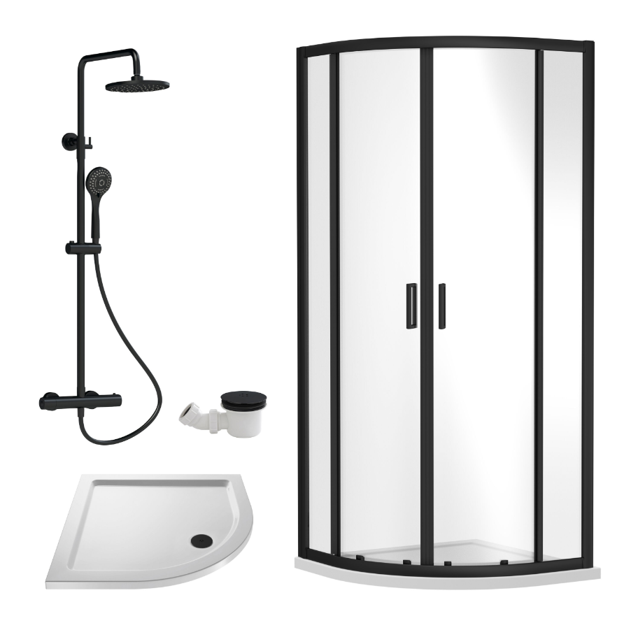 900mm Matt Black Quadrant Shower Enclosure With White Tray, Waste and Round Thermostatic Shower Kit