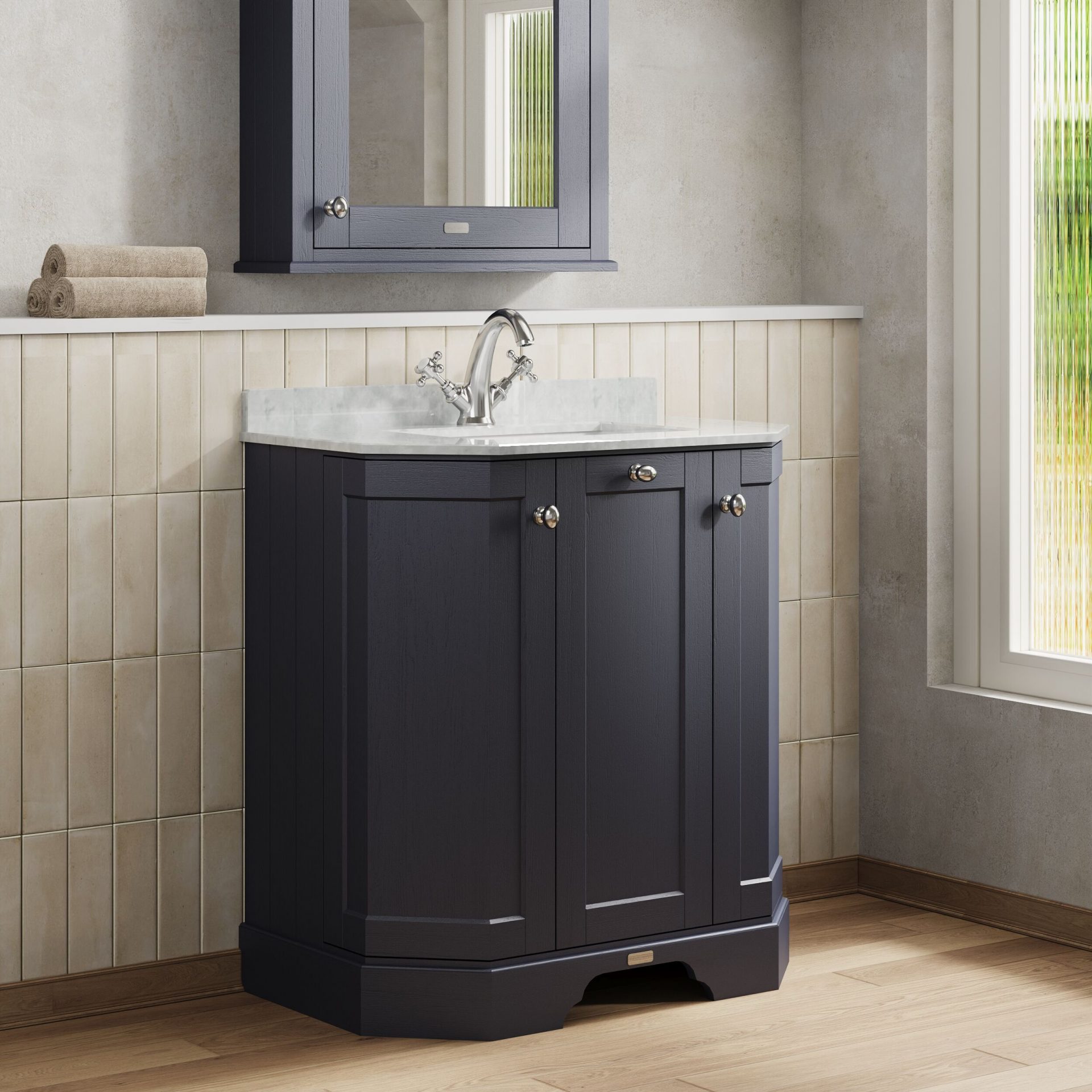 Old London 750mm 3 Door Floor Standing Angled Vanity Unit & White Marble Basin – Twilight Blue